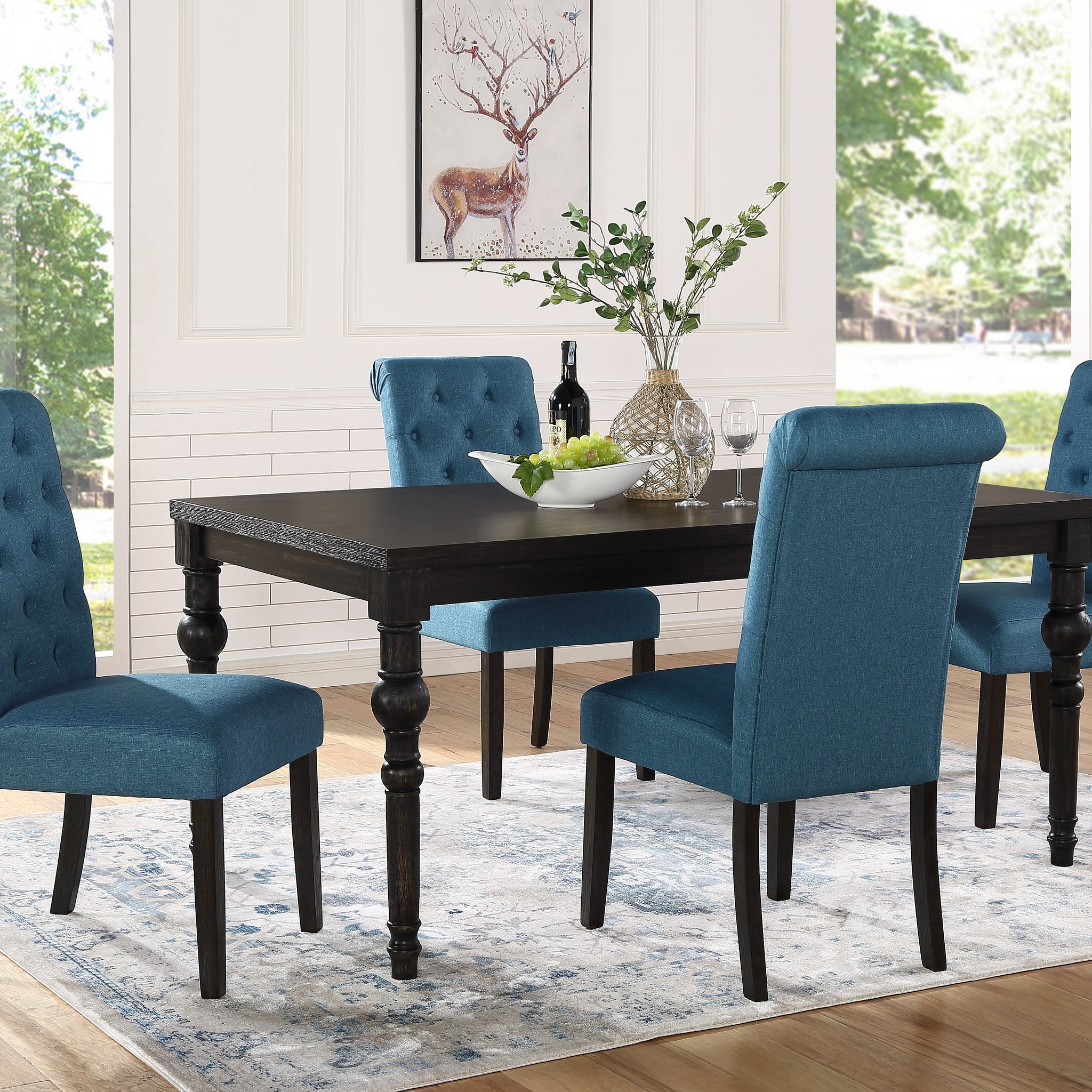 Leviton Urban Style Wood Dark Wash Turned Leg Dining Set: Table And 4 Chairs, Blue Wood Black Seats 4 Wood Dining Room Fixed Table Rubberwood Rectangular 4 Leg Rectangular Dining Table With Chair Mdf