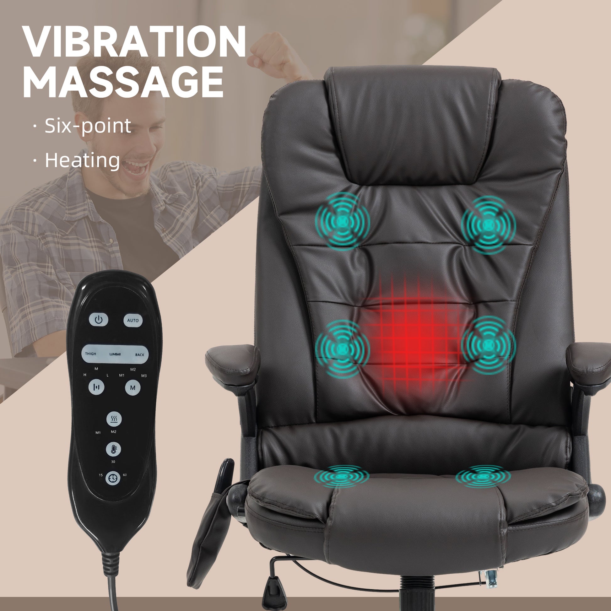 Homcom High Back Vibration Massage Office Chair With 6 Vibration Points, Heated Reclining Pu Leather Computer Chair With Armrest And Remote, Dark Brown Brown Pu