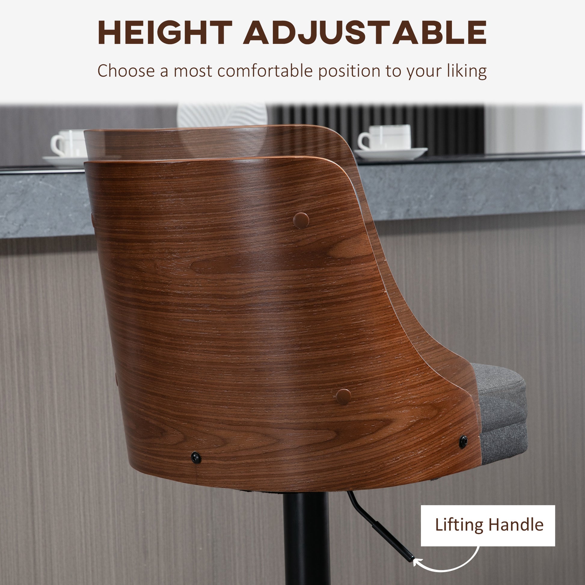 Homcom Counter Height Bar Stools Set Of 2, Height Adjustable Swivel Barstools With Footrest And Tufted Back, Linen Fabric Bar Chairs, Dark Grey Dark Grey Wood