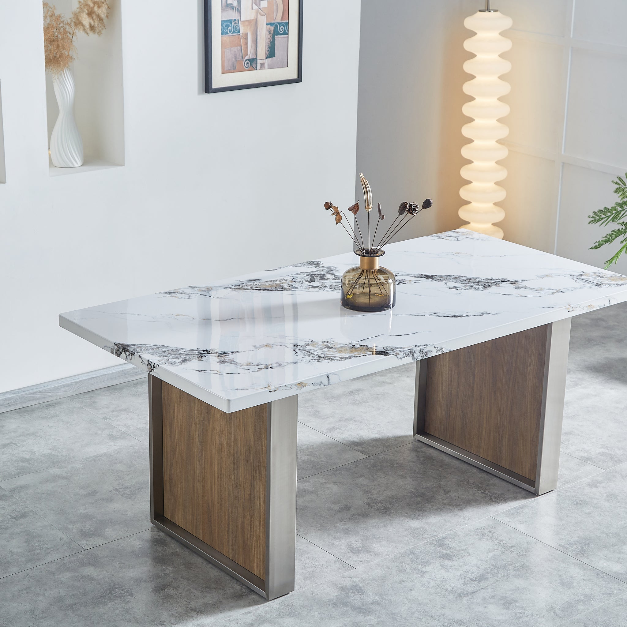 Elegant Marble Mdf Dinning Table For 6 Or 8, Rectangular 70.8"L*35.4"W*29.8"H, Luxurious Faux Marble High Quality Stainless Steel Legs Modern, Durable, Easy To Assemble For Kitchen Living Room, White White Ergonomic Kitchen Rectangular White Gold Seats 6