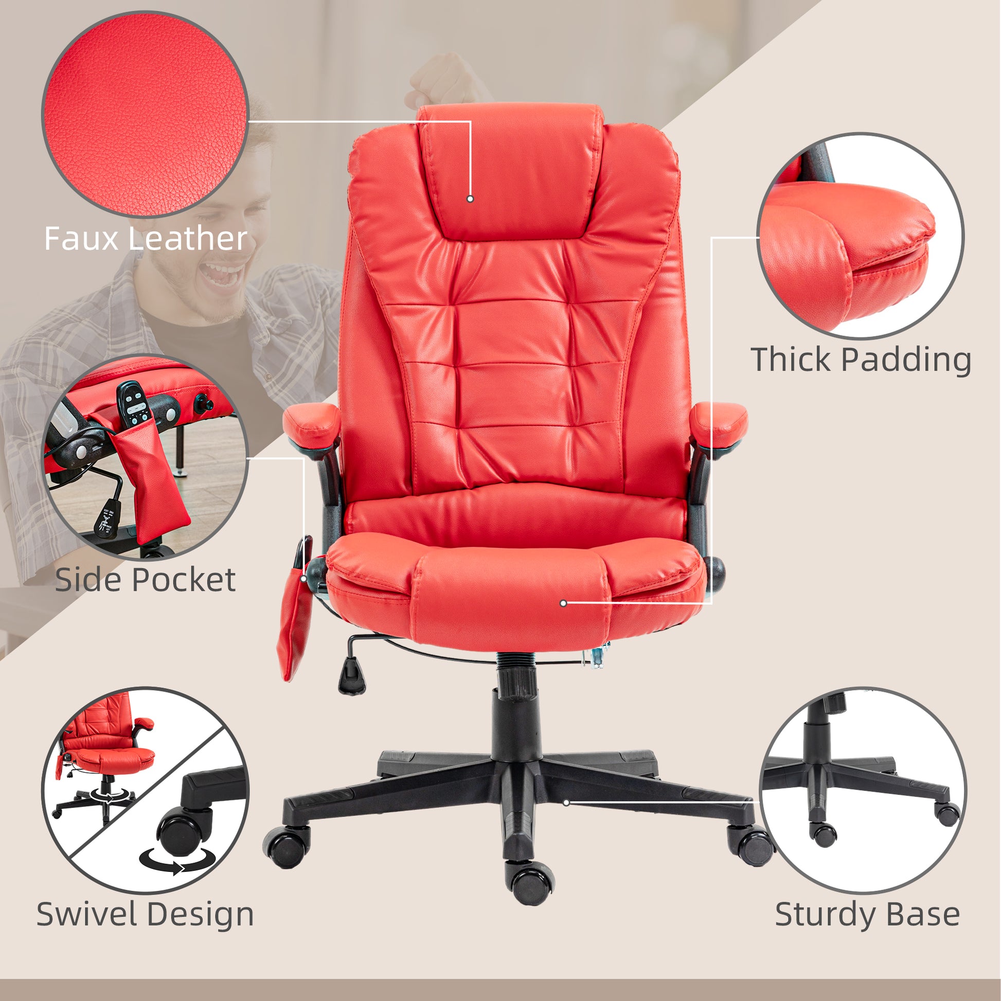 Homcom High Back Vibration Massage Office Chair With 6 Vibration Points, Heated Reclining Pu Leather Computer Chair With Armrest And Remote, Red Red Pu