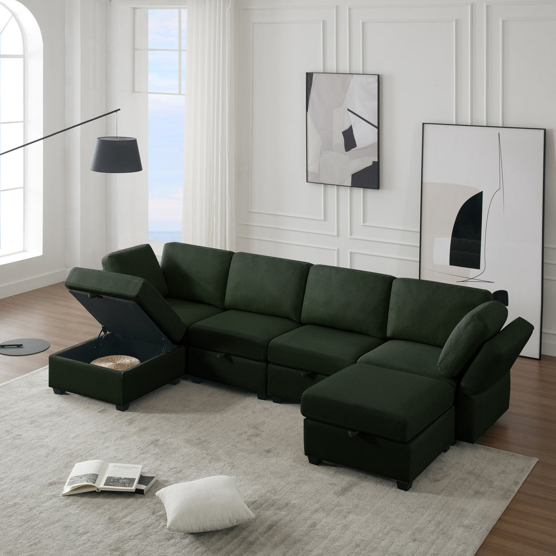Adjustable Arms And Backs Modern U Shape Linen Couch Modular Sectional Sofa Couch With Storage Seat, Large Convertible Sofa With Reversible Chaise For Living Room Apartment Office, Green Green Polyester 4 Seat