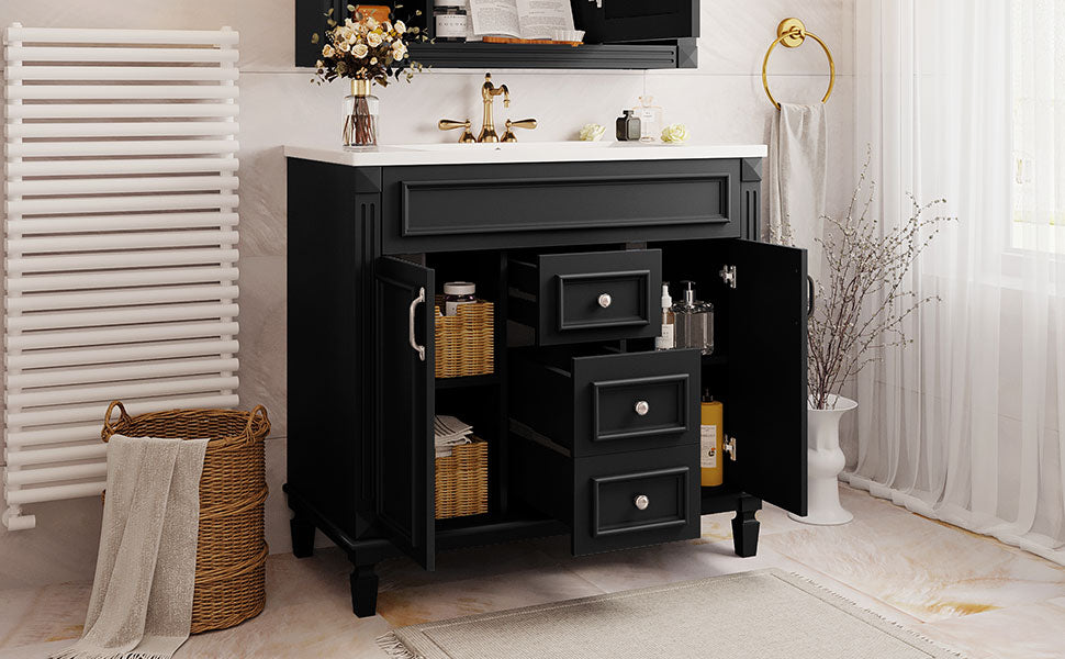 36'' Bathroom Vanity With Top Sink, Modern Bathroom Storage Cabinet With 2 Soft Closing Doors And 2 Drawers, Single Sink Bathroom Vanity Black Bathroom Modern Mdf Ceramic,Solid Wood Mdf