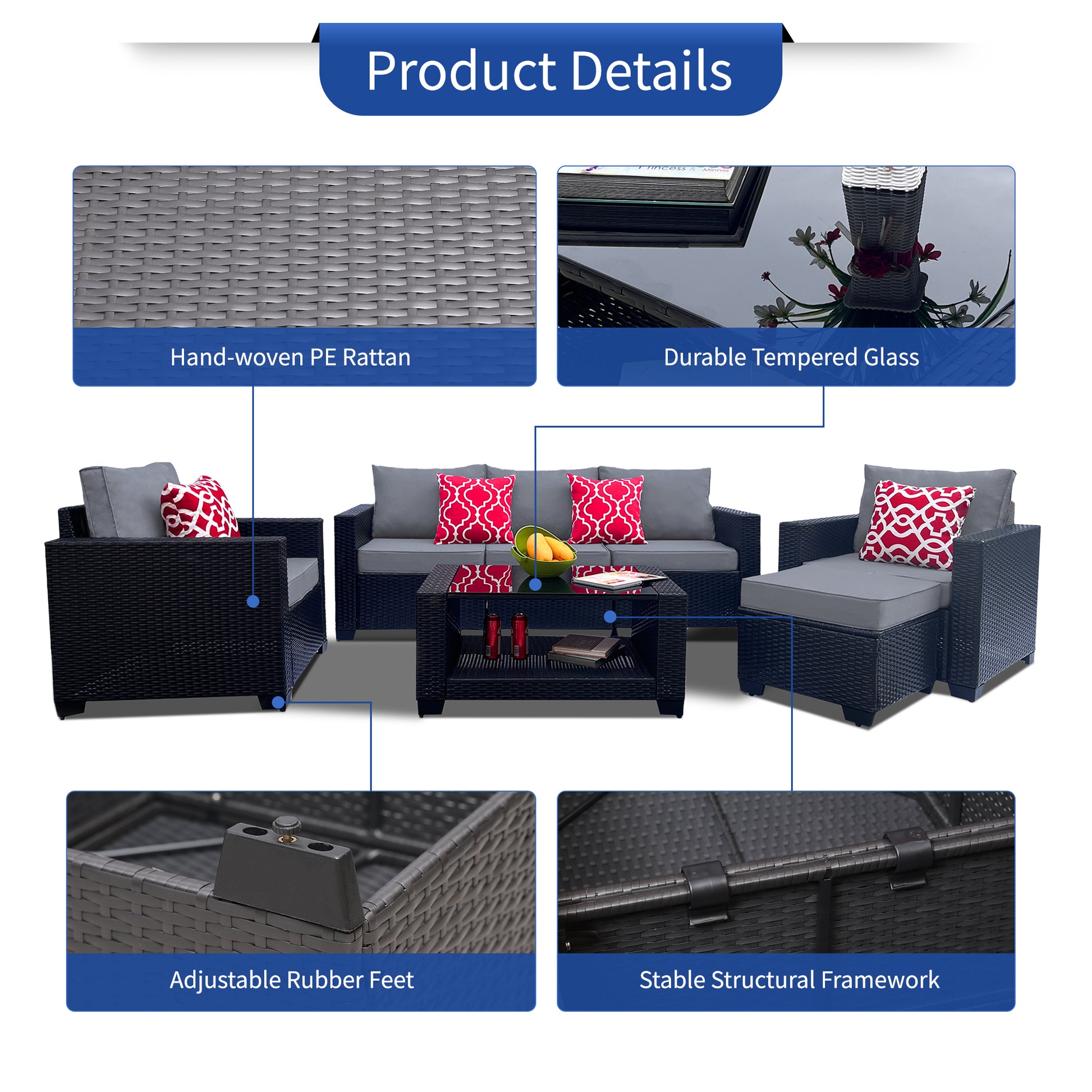 Outdoor Garden Patio Furniture 7 Piece Pe Rattan Wicker Cushioned Sofa Sets And Coffee Table, Patio Furniture Set Outdoor Couch Outdoor Couch Patio Furniture Outdoor Sofa Patio Couch Yes Complete Patio Set Gray Seats 6 Weather Resistant Frame Water