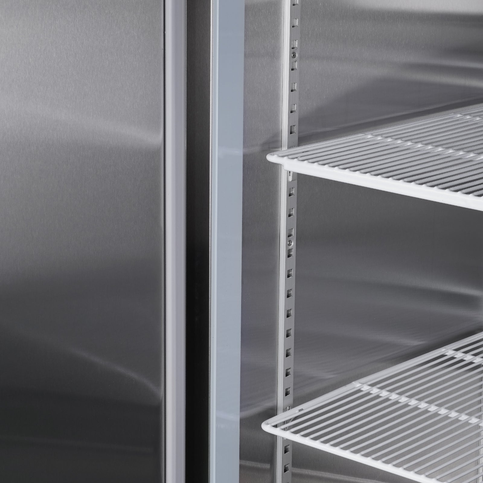 54"W Commercial Freezer 2 Section 2 Solid Door Stainless Steel Interior And Exterior Construction Reach In Freezer 42.2 Cu.Ft. Upright Fan Cooling Freezer For Restaurants And Commercial Environments