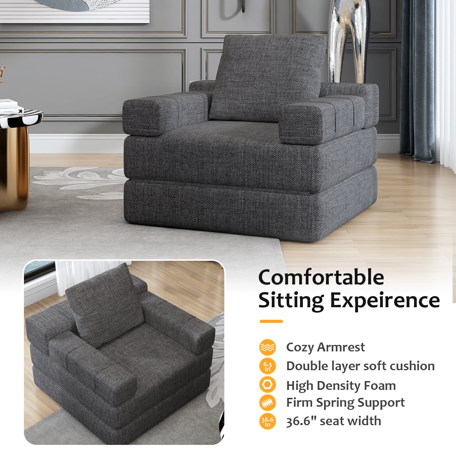 Single Sofa Chair That Converts To A Single Sofa Bed For Living Room, Guest Room, Playroom, Dark Grey Dark Grey Primary Living Space Modern Foam Linen