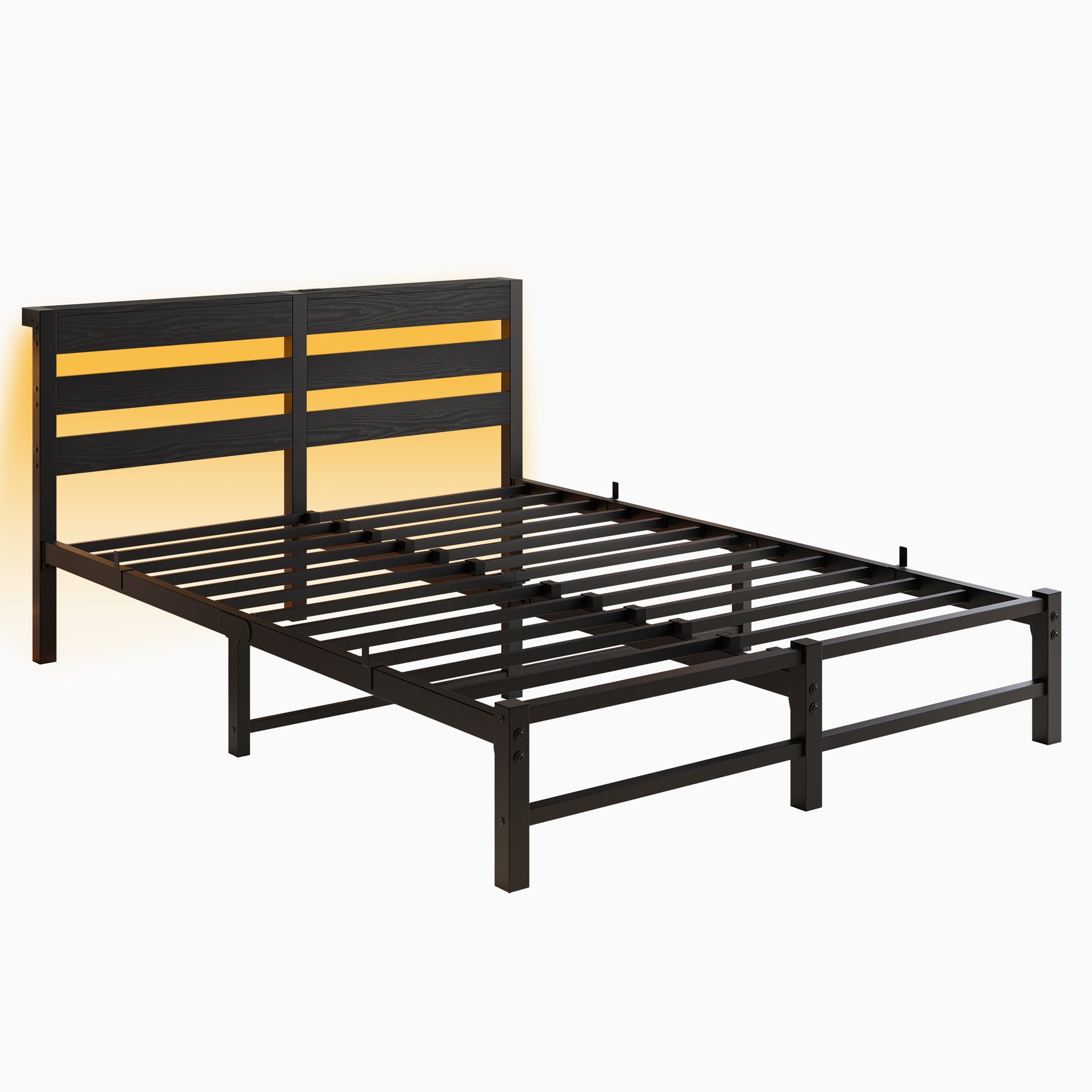 Queen Size Metal Bed Frame With Wooden Headboard, Rgb Lights, Charger, Storage Shelf, Noise Free, No Box Spring Needed, Black Box Spring Not Required Queen Black Metal Bedroom Bed Frame Metal & Wood