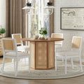 5 Piece Rattan Round Dining Table Set, Wood Table With Hexagonal Base And Upholstered Chairs For Dining Room, Kitchen,Indoor Use, White Beige Wood Dining Room Solid Wood Rubberwood Round Dining Table With Chair Wood Wood White Seats 4 Traditional Round