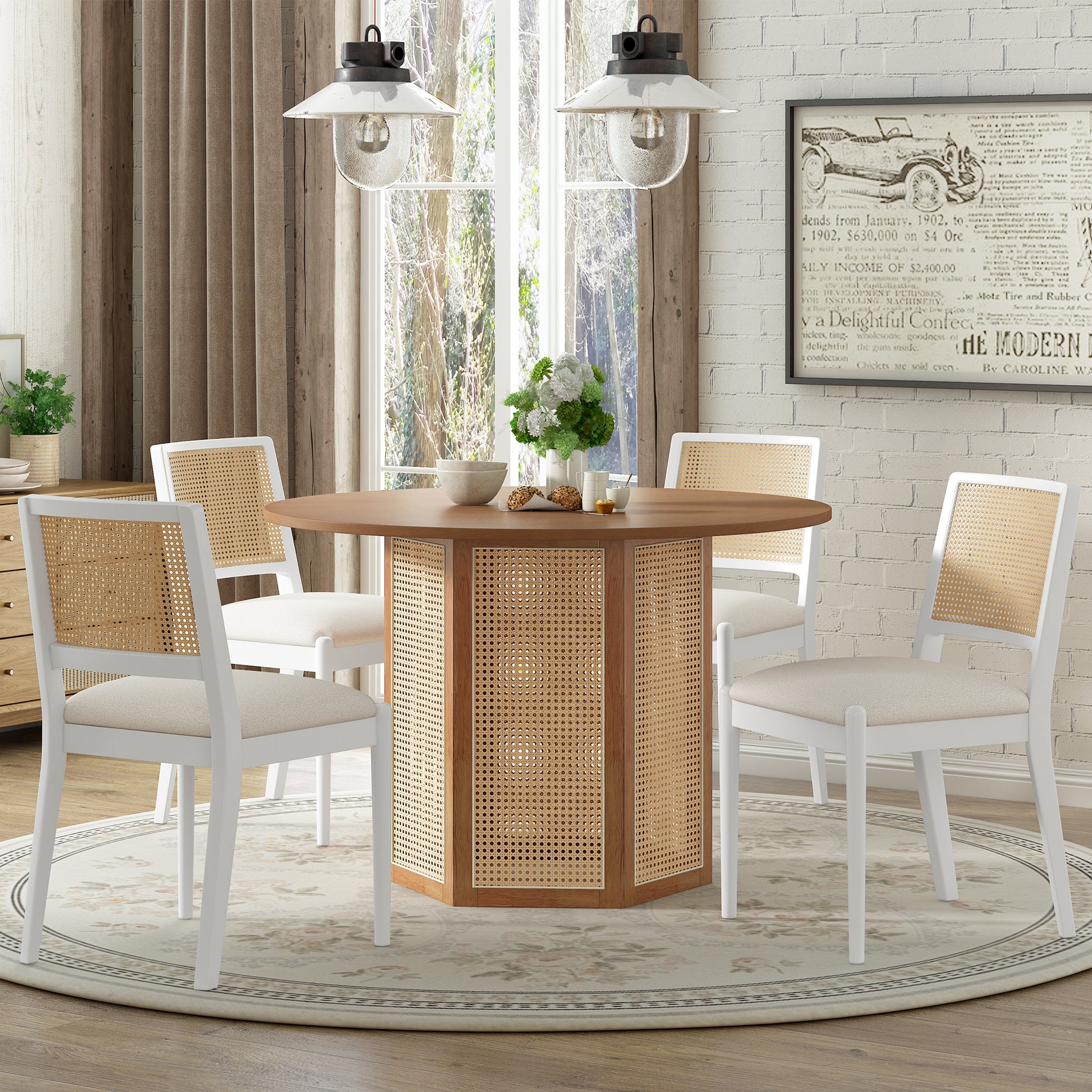 5 Piece Rattan Round Dining Table Set, Wood Table With Hexagonal Base And Upholstered Chairs For Dining Room, Kitchen,Indoor Use, White Beige Wood Dining Room Solid Wood Rubberwood Round Dining Table With Chair Wood Wood White Seats 4 Traditional Round