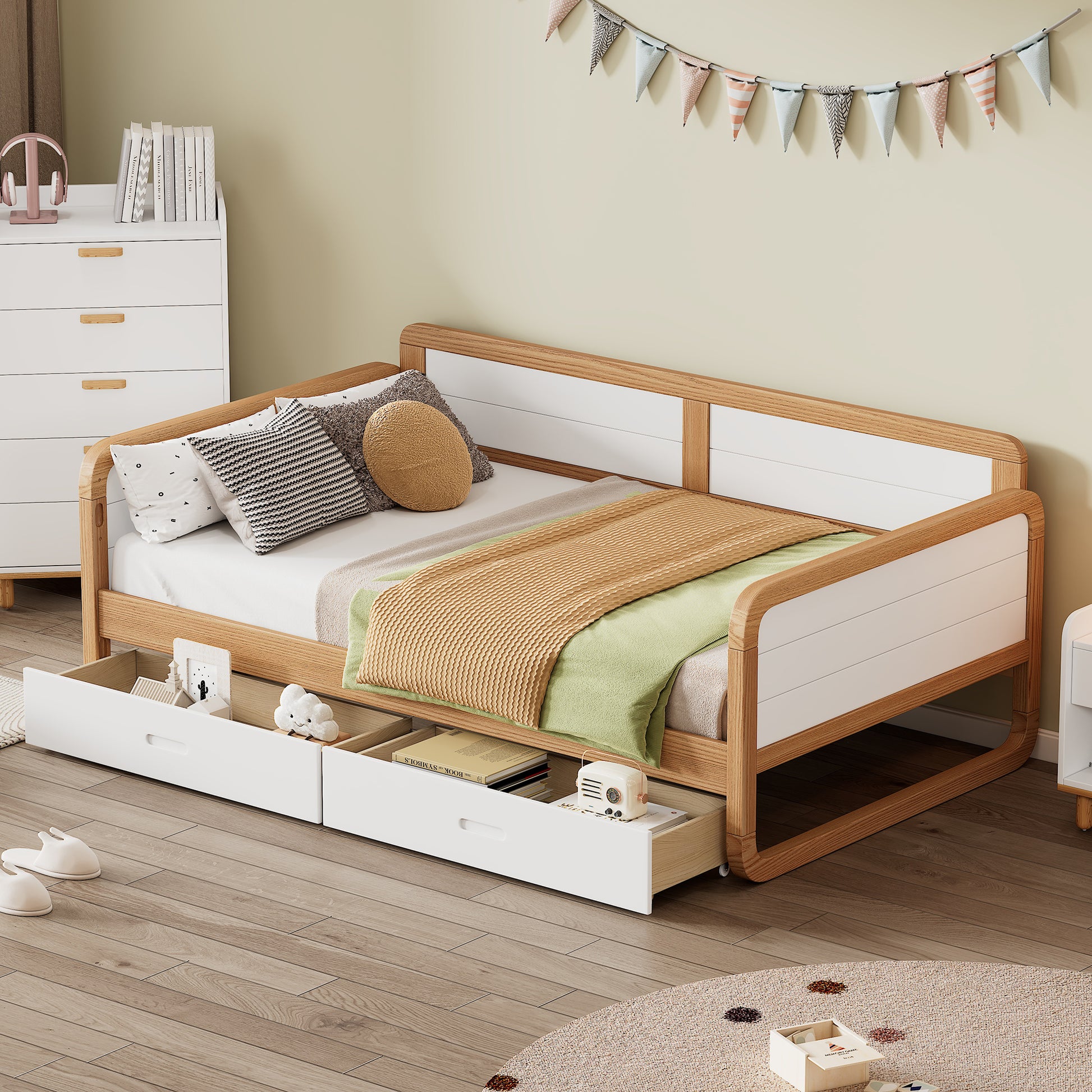Twin Size Solid Wood Daybed With 2 Storage Drawers For Limited Space Kids, Teens, Adults, No Need Box Spring, Walnut And White Box Spring Not Required Twin White Walnut Wood Bedroom Modern Pine Daybeds Wood
