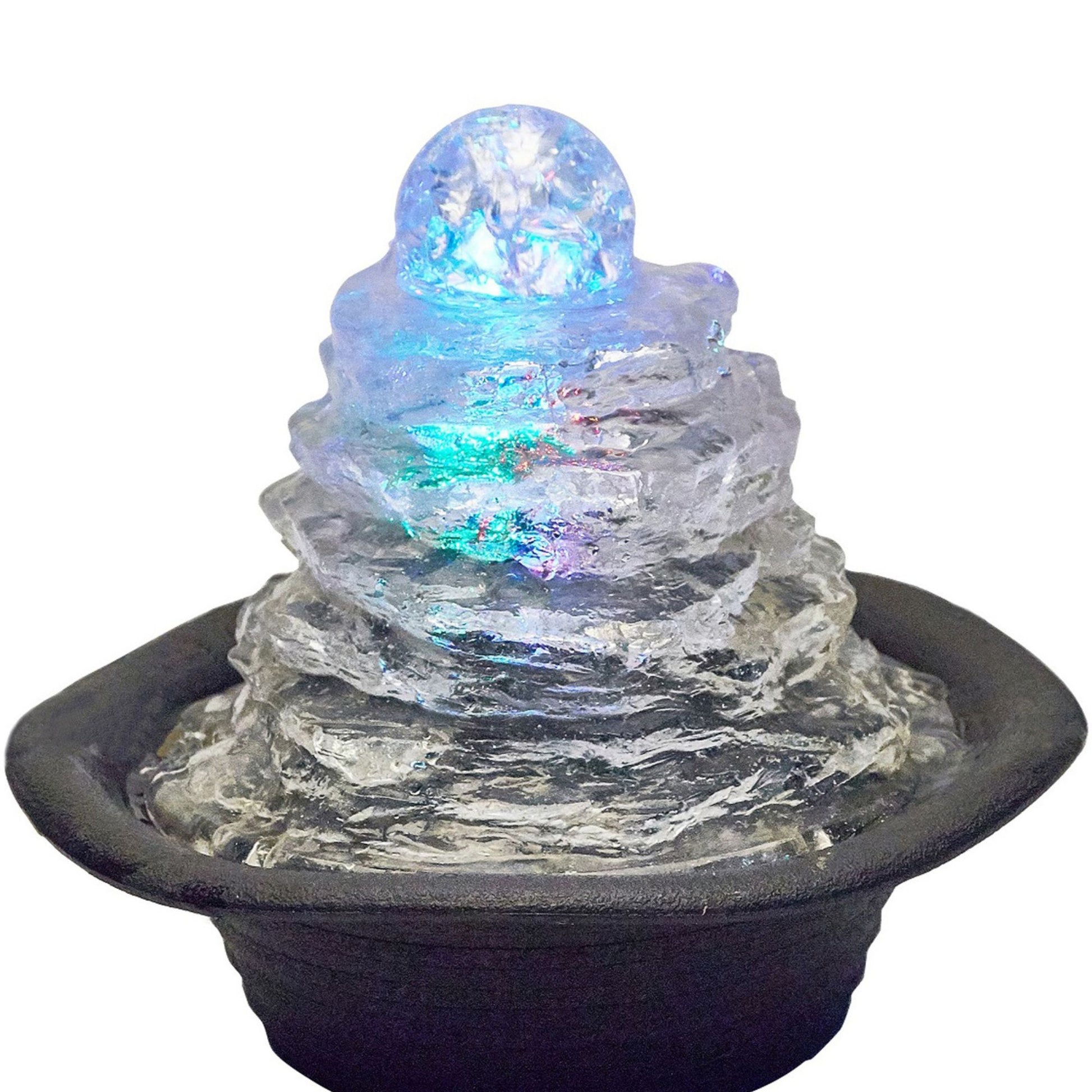 7.5" Tall Indoor Fountain W Led Light And 1L Capacity, Ice Mountain Design Clear Polyresin