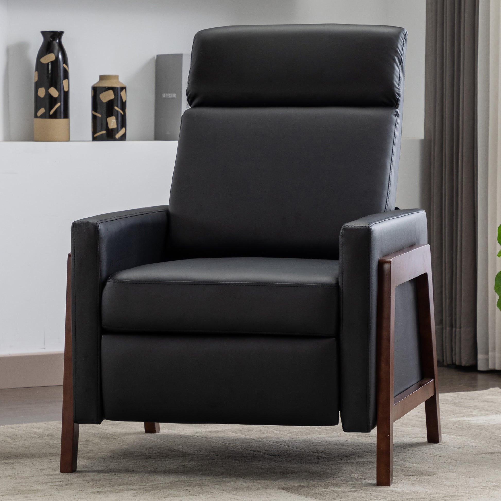 Set Of Two Wood Framed Pu Leather Recliner Chair Adjustable Home Theater Seating With Thick Seat Cushion And Backrest Modern Living Room Recliners, Black Black Pu Pu