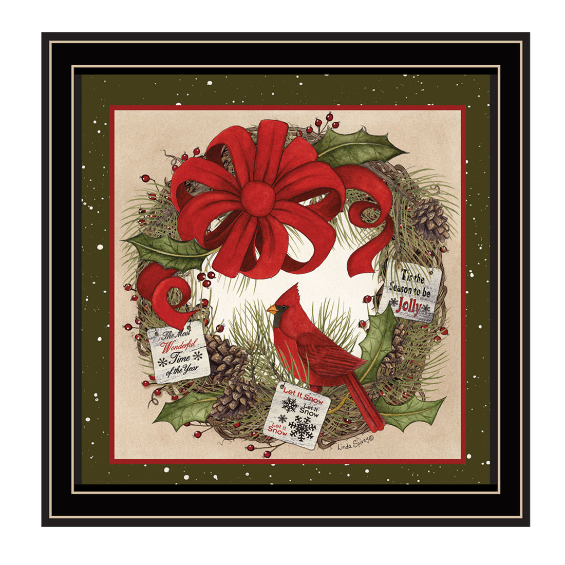 Cardinal Wreath Black Framed Wall Art For Living Room, Bedroom Wall Art Print For Home Decor By Linda Spivey Multicolor Wood Paper