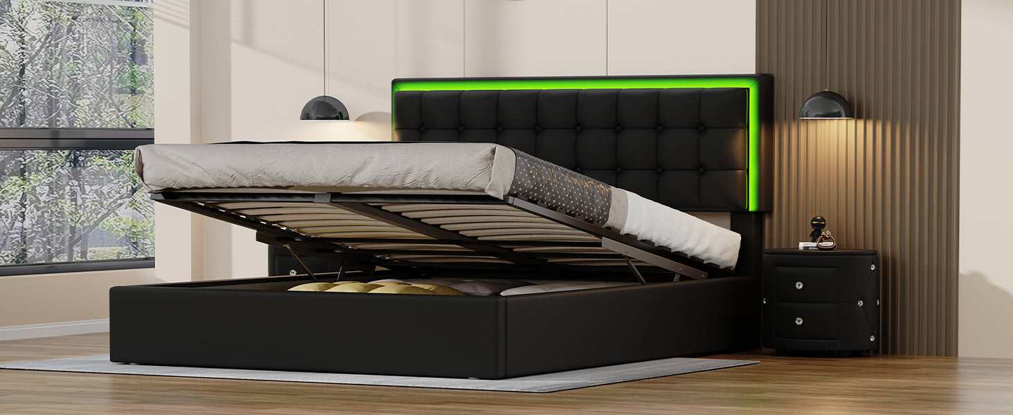 3 Pieces Bedroom Sets,Queen Size Upholstered Bed With Led Lights,Hydraulic Storage System, Two Nightstands With Crystal Decoration,Black Queen Black 3 Piece Set Wood