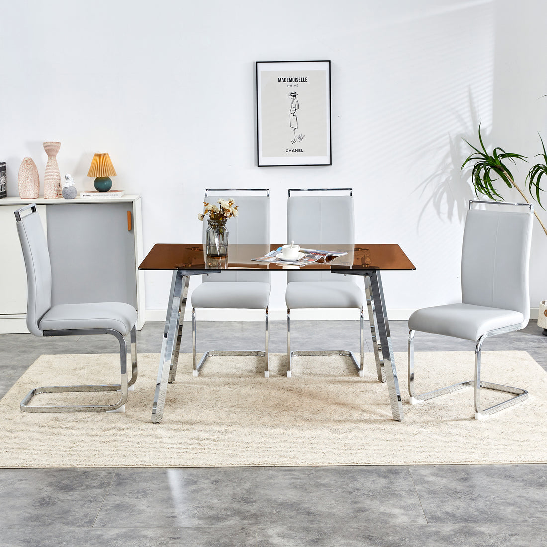 1 Table And 4 Chairs, Brown Tempered Glass Tabletop And Silver Metal Legs, Modern Minimalist Style Rectangular Glass Dining Table, Paired With 4 Modern Silver Metal Leg Chairs. 1123C 1162 Brown Seats 4 Glass