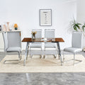 1 Table And 4 Chairs, Brown Tempered Glass Tabletop And Silver Metal Legs, Modern Minimalist Style Rectangular Glass Dining Table, Paired With 4 Modern Silver Metal Leg Chairs. 1123C 1162 Brown Seats 4 Glass