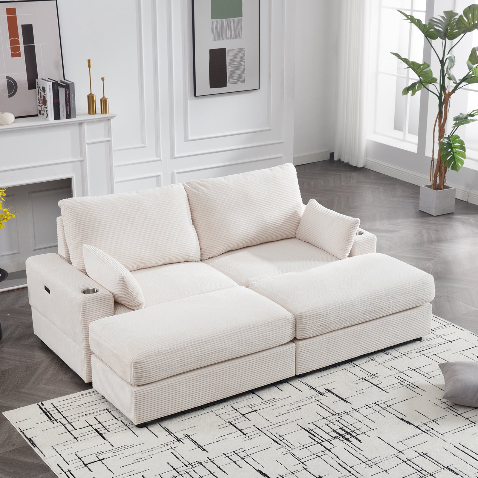 Beige Modern Luxury Twins Sofa Couch For Living Room Quality Corduroy Upholstery Sleeper Sofa Bed Daybed,With Cup Holder And Usb Charging Port Beige Solid Wood 2 Seat