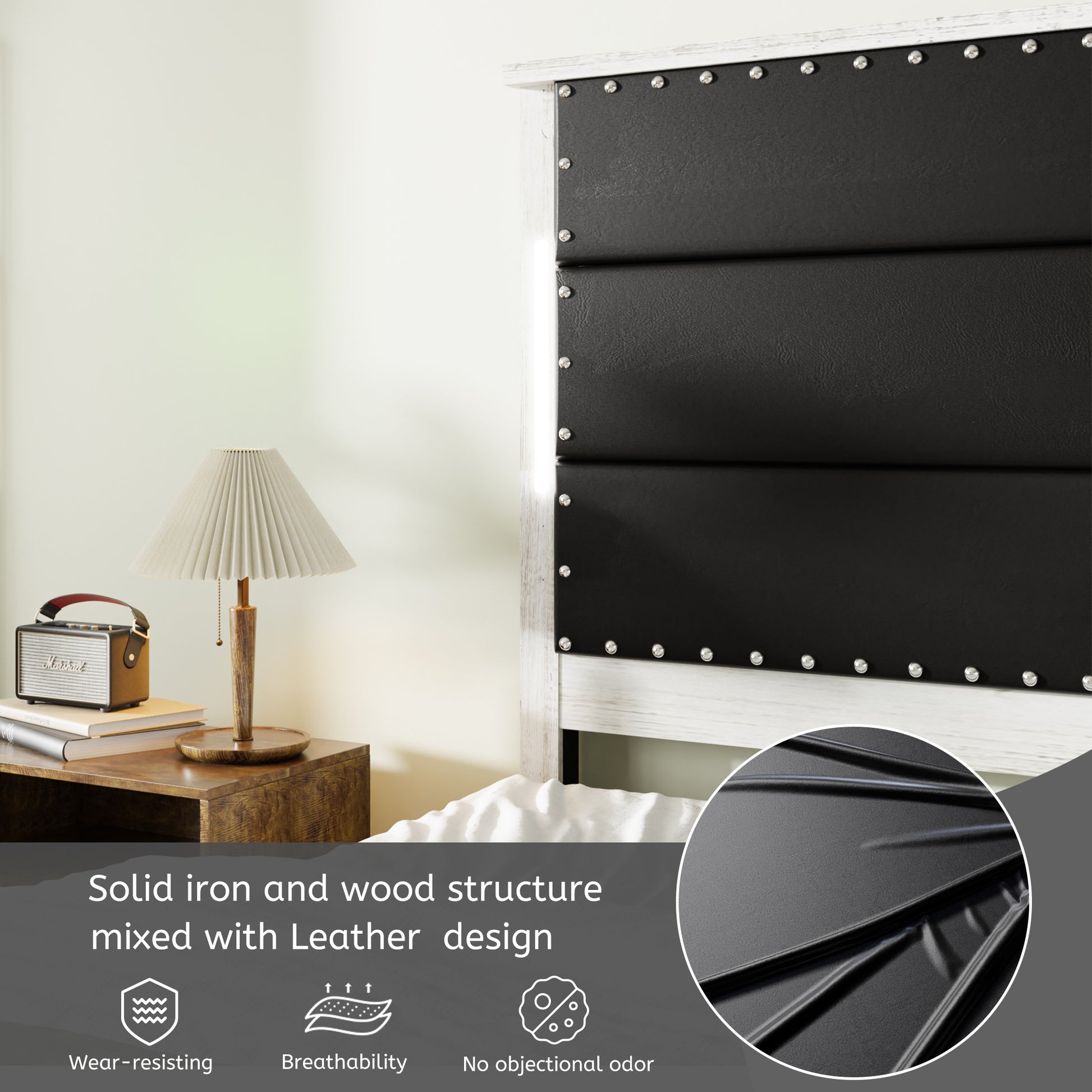 King Size Bed Frame With Upholstered Headboard, King Bed Frame With Charging Station And Led Lights, Wood Slats, Dark Gray Faux Leather & Rivets, No Box Spring Needed, Easy Assembly Box Spring Not Required King Antique White Gray Wood Bedroom Bed Frame