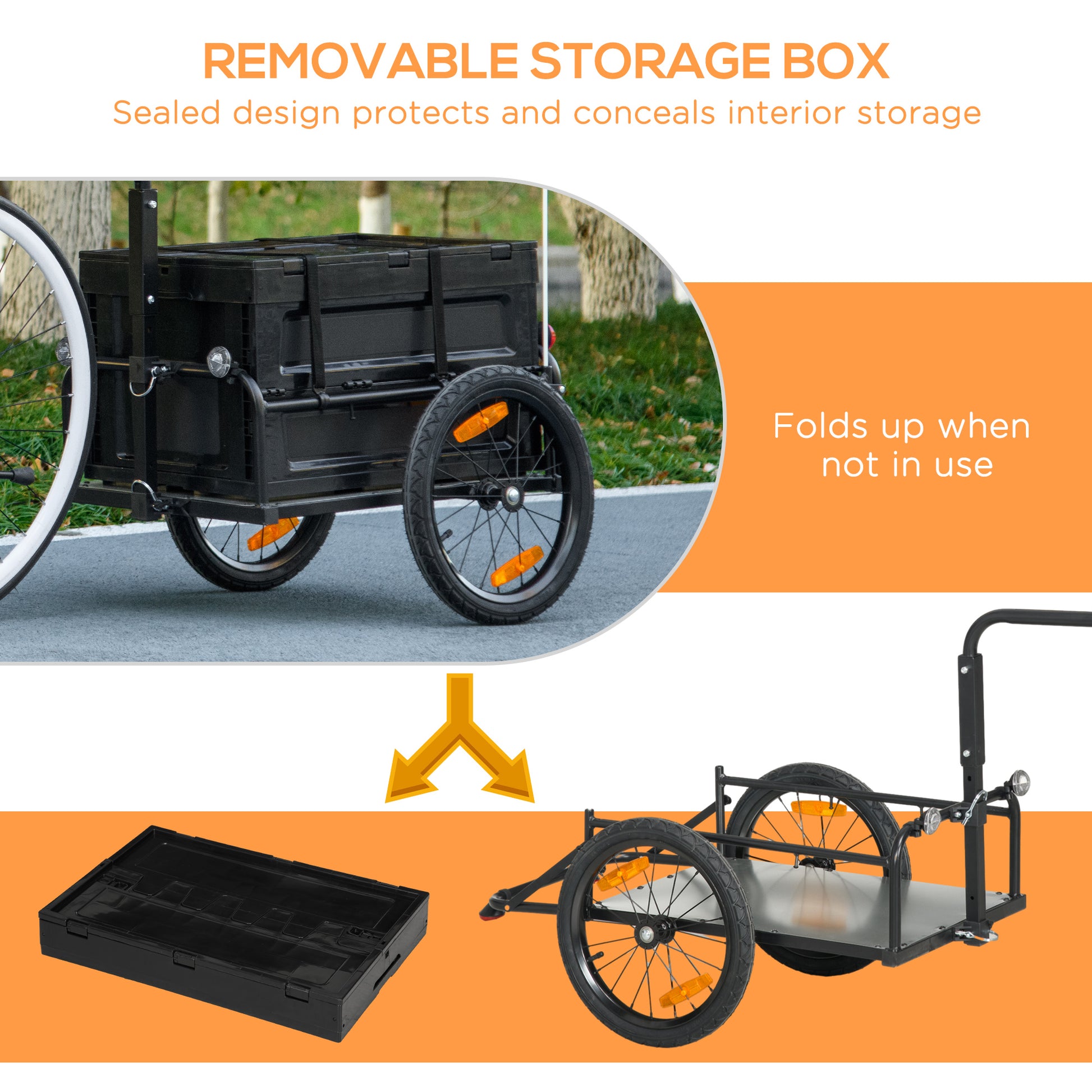 Aosom Bike Cargo Trailer, Bicycle Trailer Wagon Cart With Removable Storage Box, Quick Release 16" Wheels And Safe Reflectors, Galvanized Bottom Black Steel