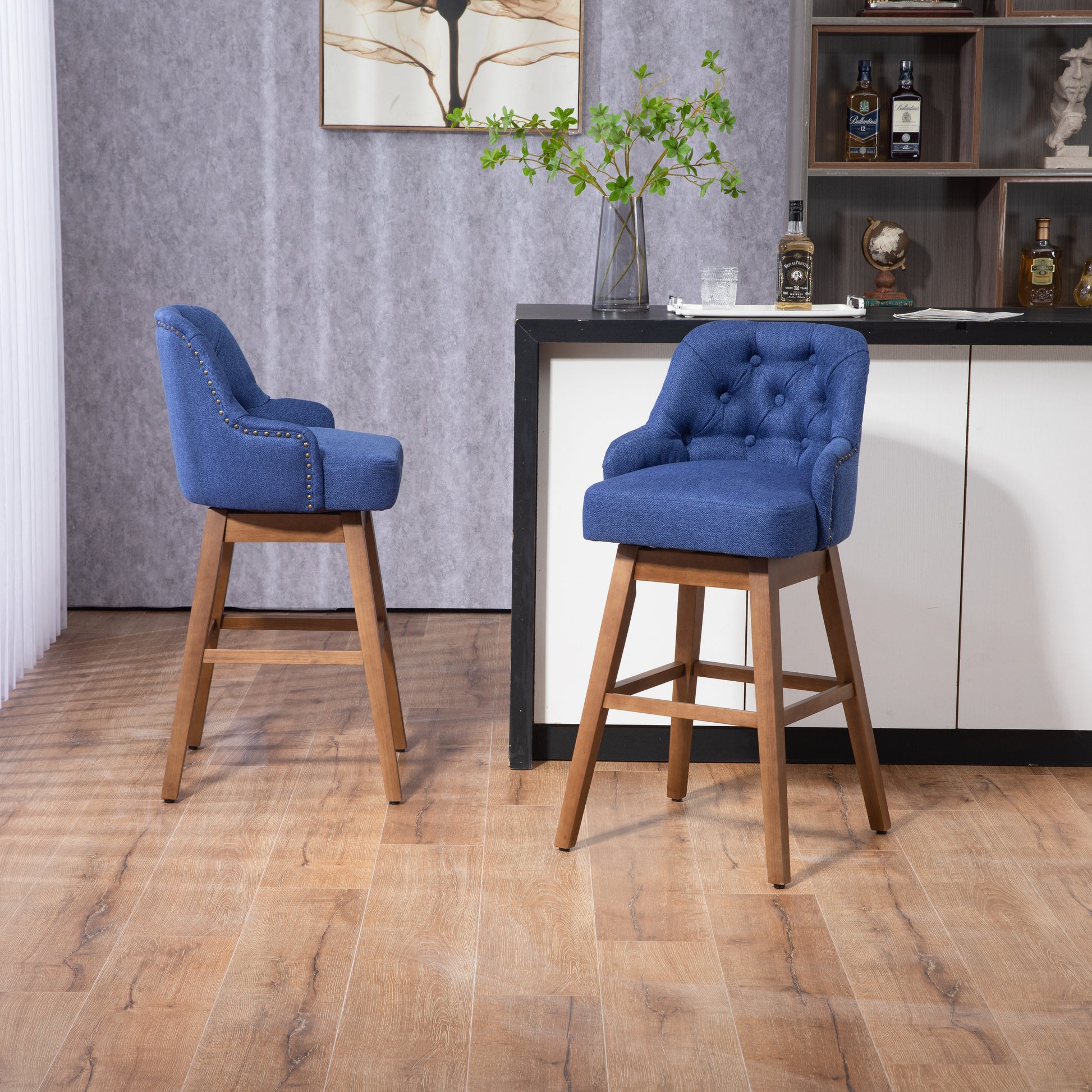 Coolmore Bar Stools Set Of 2 Counter Height Chairs With Footrest For Kitchen, Dining Room And 360 Degree Solid Wood Legs Swivel Bar Stools Set Of 2 Navy Linen Navy Foam Linen