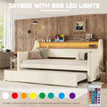 Twin Size Daybed With Trundle, Upholstered Daybed With Charging Station And Led Lights, White Twin White Pu Leather