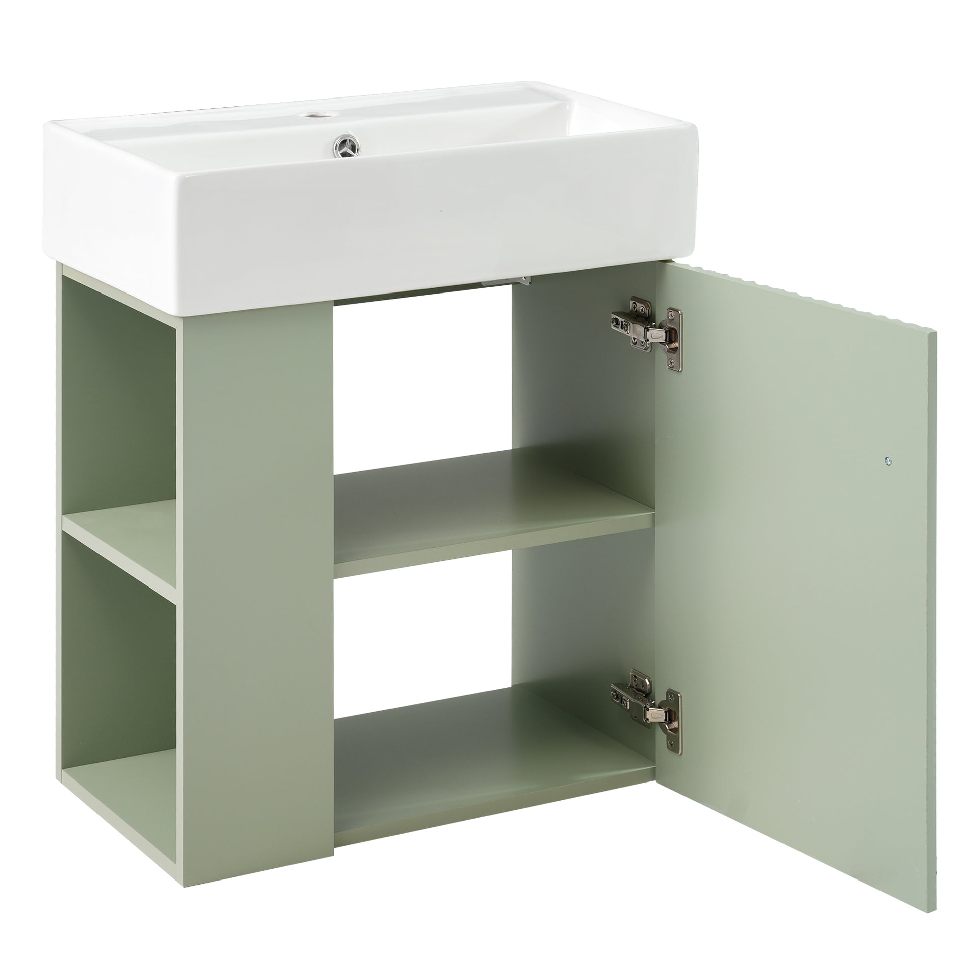 Video 21.6 Inch Modern Floating Bathroom Vanity With Ceramic Basin Perfect For Small Bathrooms, Left Side Storage Green Bathroom Ceramic Mdf