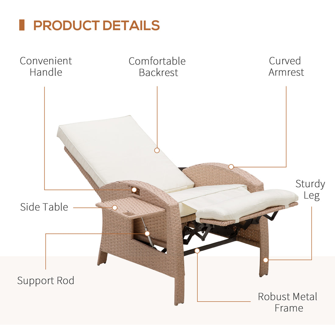 Outsunny Patio Recliner, Outdoor Reclining Chair With Flip Up Side Table, All Weather Wicker Metal Frame Chaise With Footrest, Cushions, Beige Beige Steel