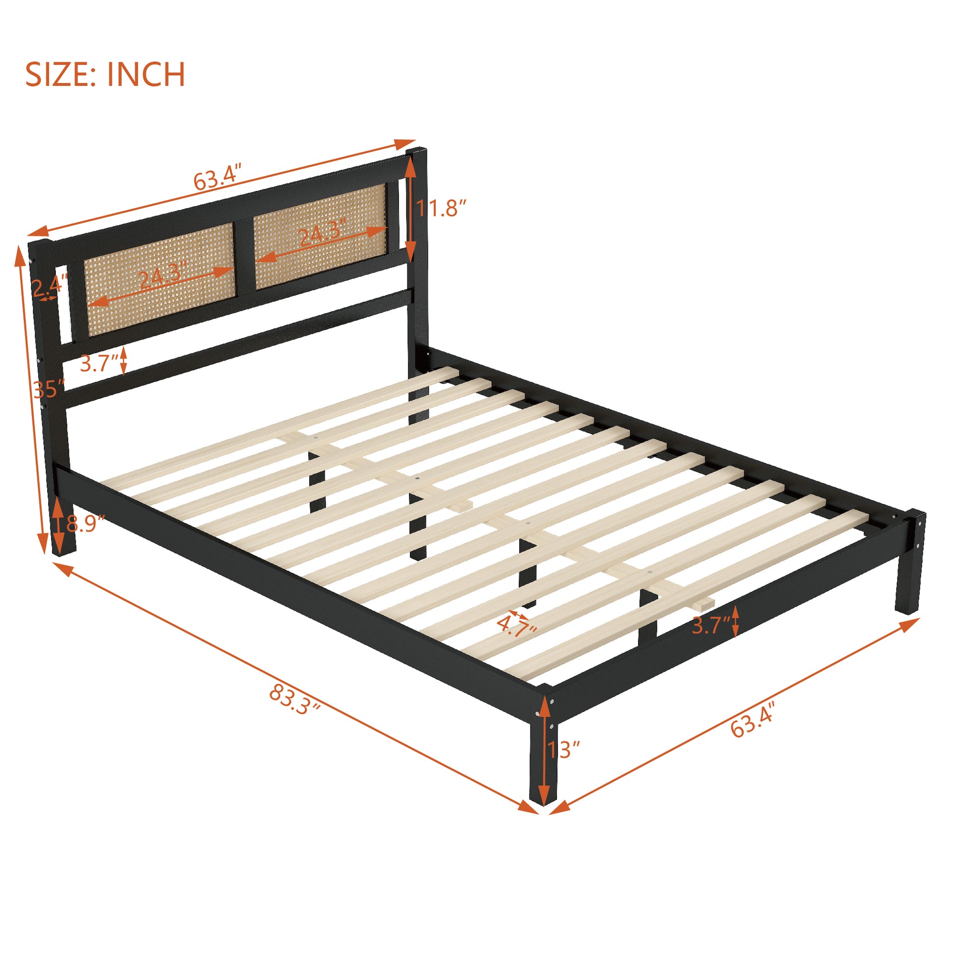 Queen Size Wooden Platform Bed With Natural Rattan Headboard, Exquisite Elegance With Minimalist Charm For Bedroom, Black Black Particle Board