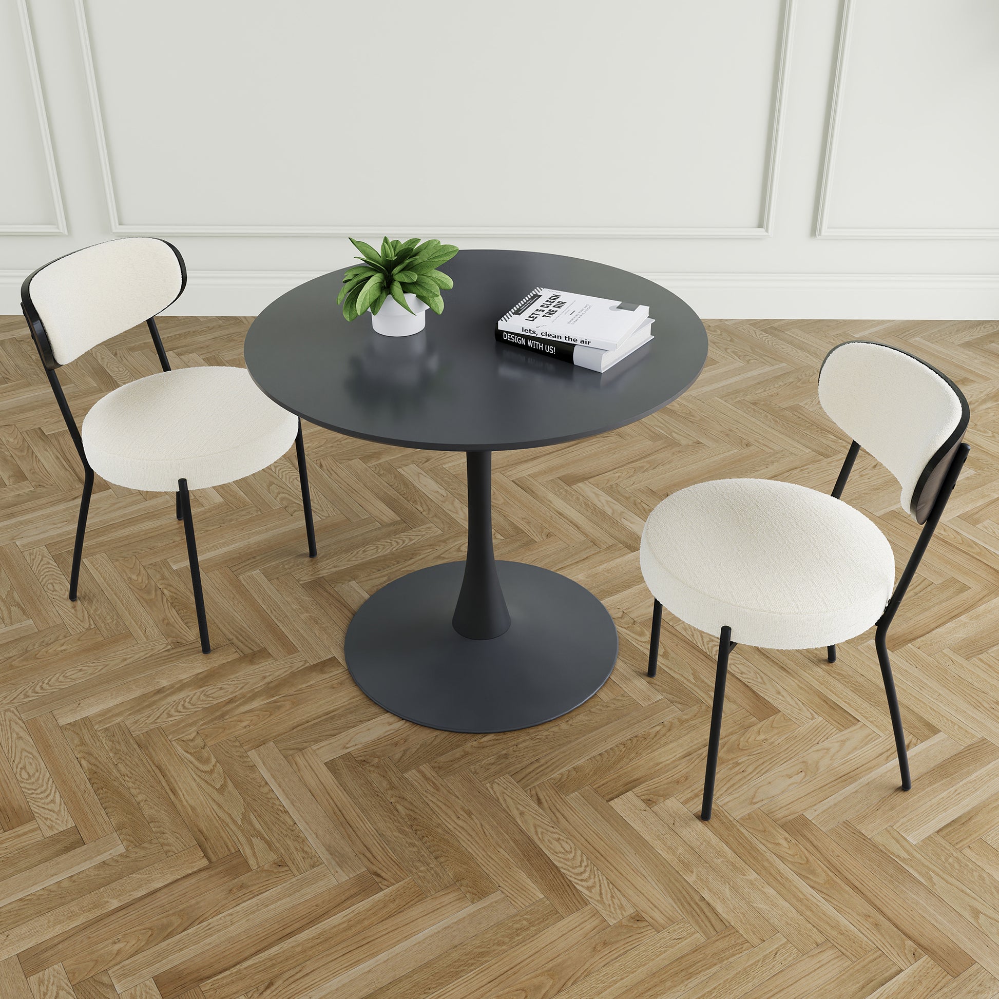 Modern Grey Simple Teddy Velvet Dining Chair Upholstered Chair Family Bedroom Stool Back Dressing, Black Round Table Set,Bentwood Covered With Ash Veneer Chair Back,Chair Black Metal Legs Set Of 3 Black Mdf