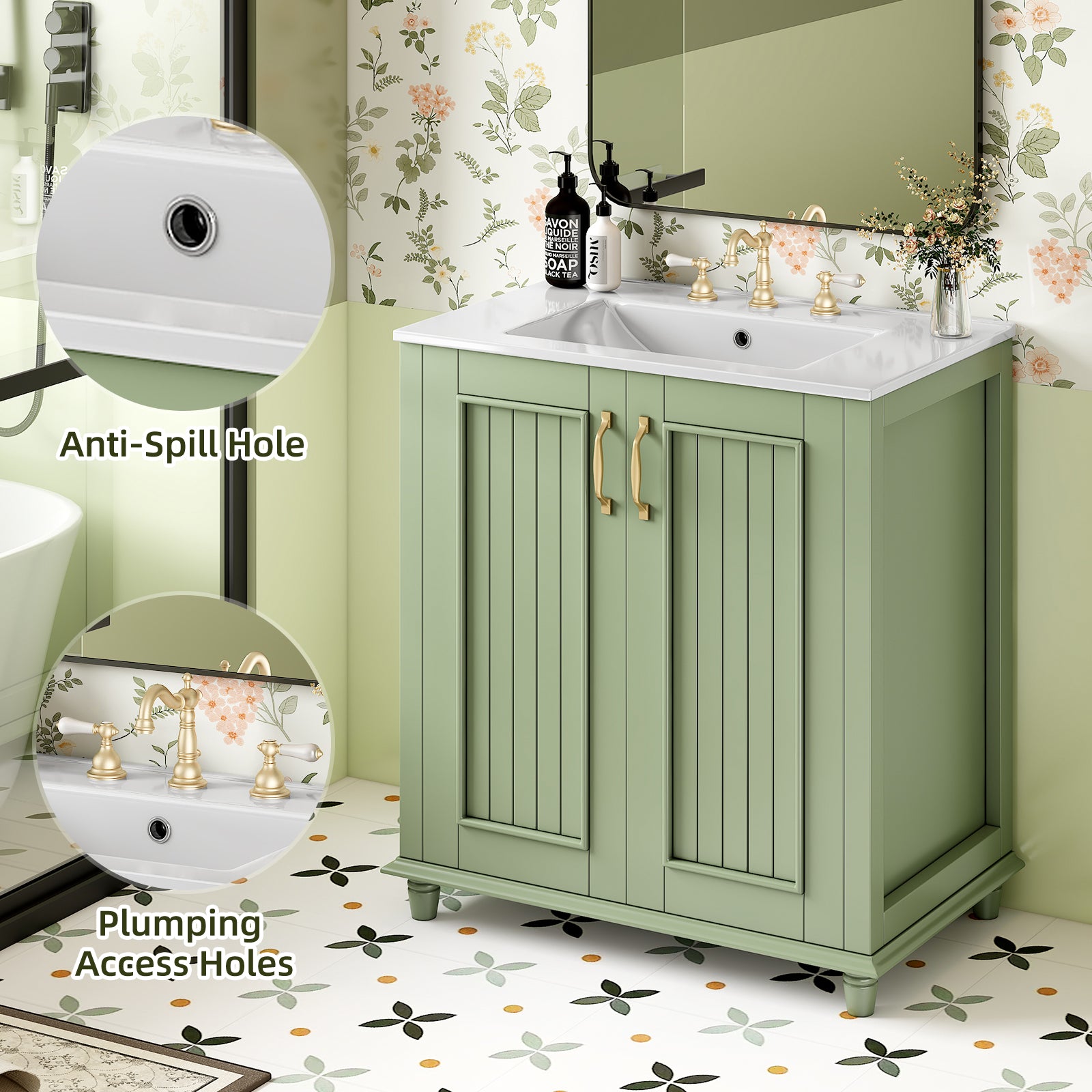 30 Inch Bathroom Vanity With Resin Sink, Freestanding Bathroom Vanity Set With Hidden Drawer, Storage Cabinet For Bathroom, Solid Wood Frame Bathroom Cabinet Green Bathroom Modern Solid Wood Mdf Resin