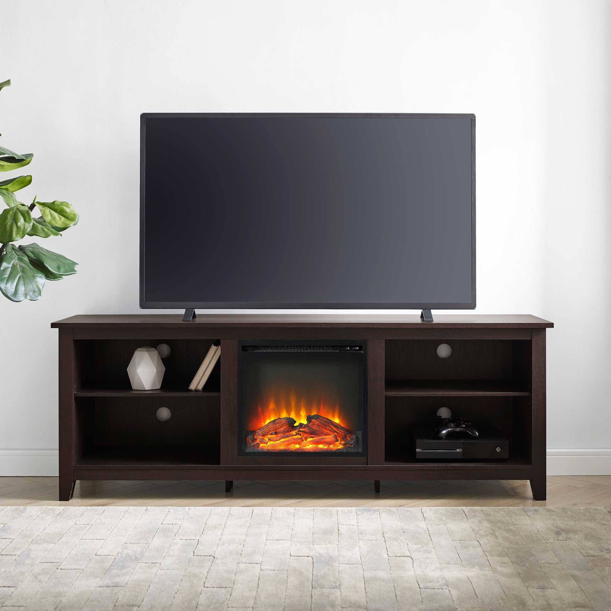 Modern Transitional Wood 70" Fireplace Tv Stand For 80" Tvs With 2 Shelves Espresso Espresso Mdf
