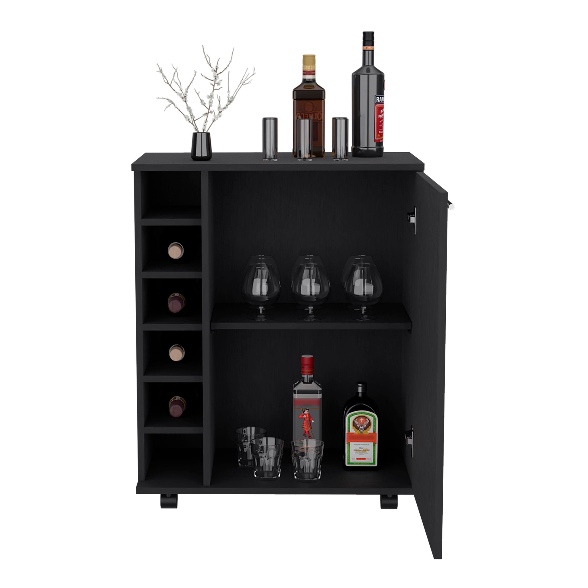 Wick Bar Cart With Integrated Wine Storage, Spacious Cabinet And Smooth Rollers Black Dining Room Modern Particle Board Open Storage Engineered Wood