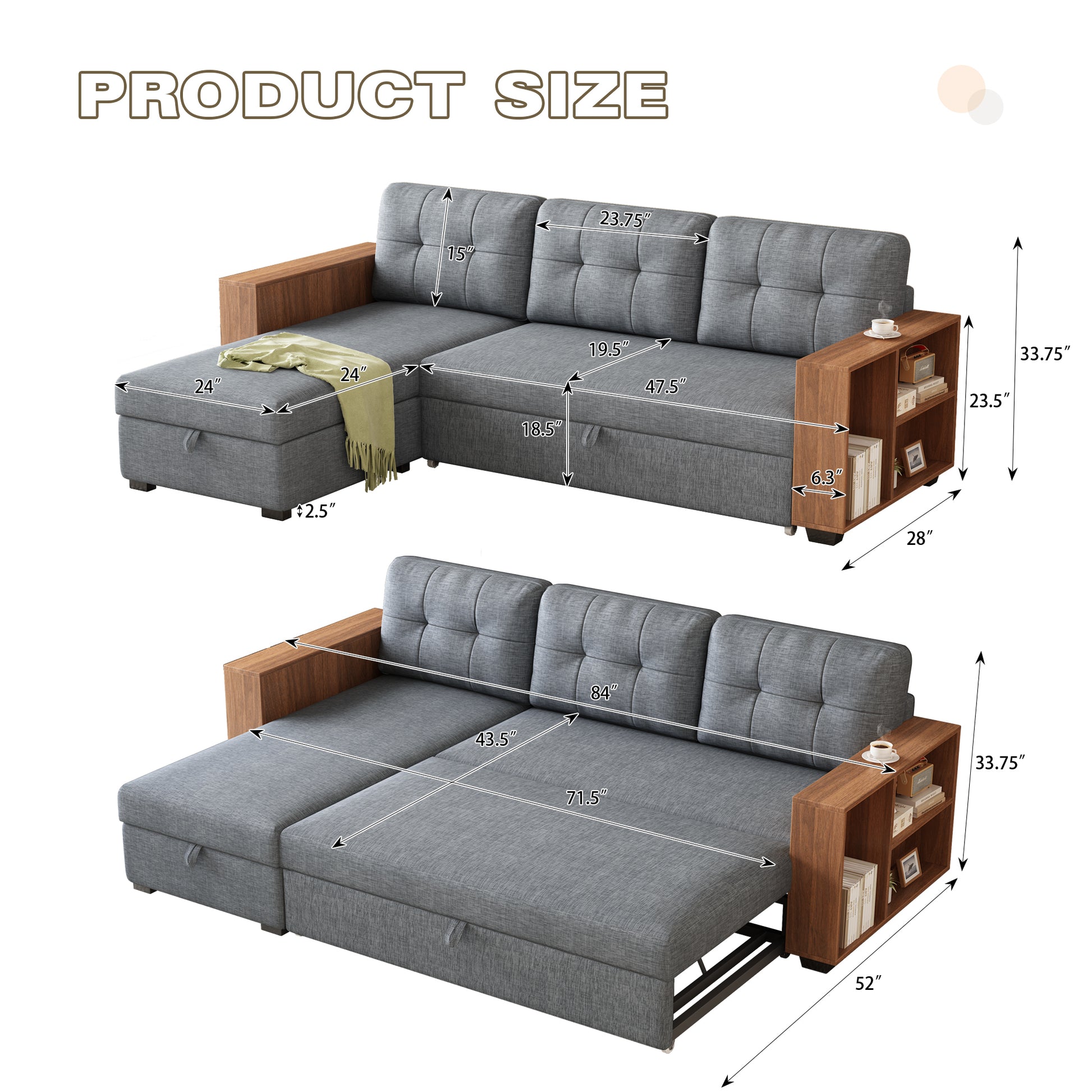 Upholstered Pull Out Sectional Sofa With Storage Chaise, Convertible Corner Couch, Light Grey Wooden Handrail Light Grey Wood Medium Soft Pillow Back Modern Square Arms Linen 3 Seat