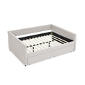 Queen Size Daybed With Two Drawers Trundle Upholstered Sofa Bed, With Vertical Stripes, Linen Fabric, Beige 86.5
