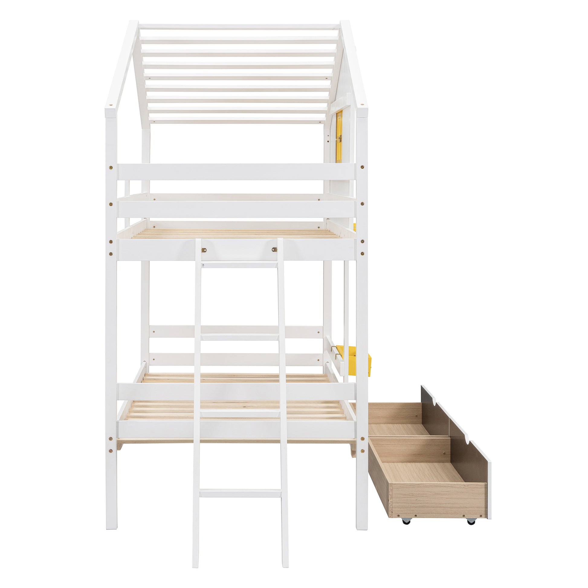 Twin Over Twin Bunk Bed With 2 Drawers, 1 Storage Box, 1 Shelf, Window And Roof White Old Sku:Lt001608Aak Twin White Solid Wood