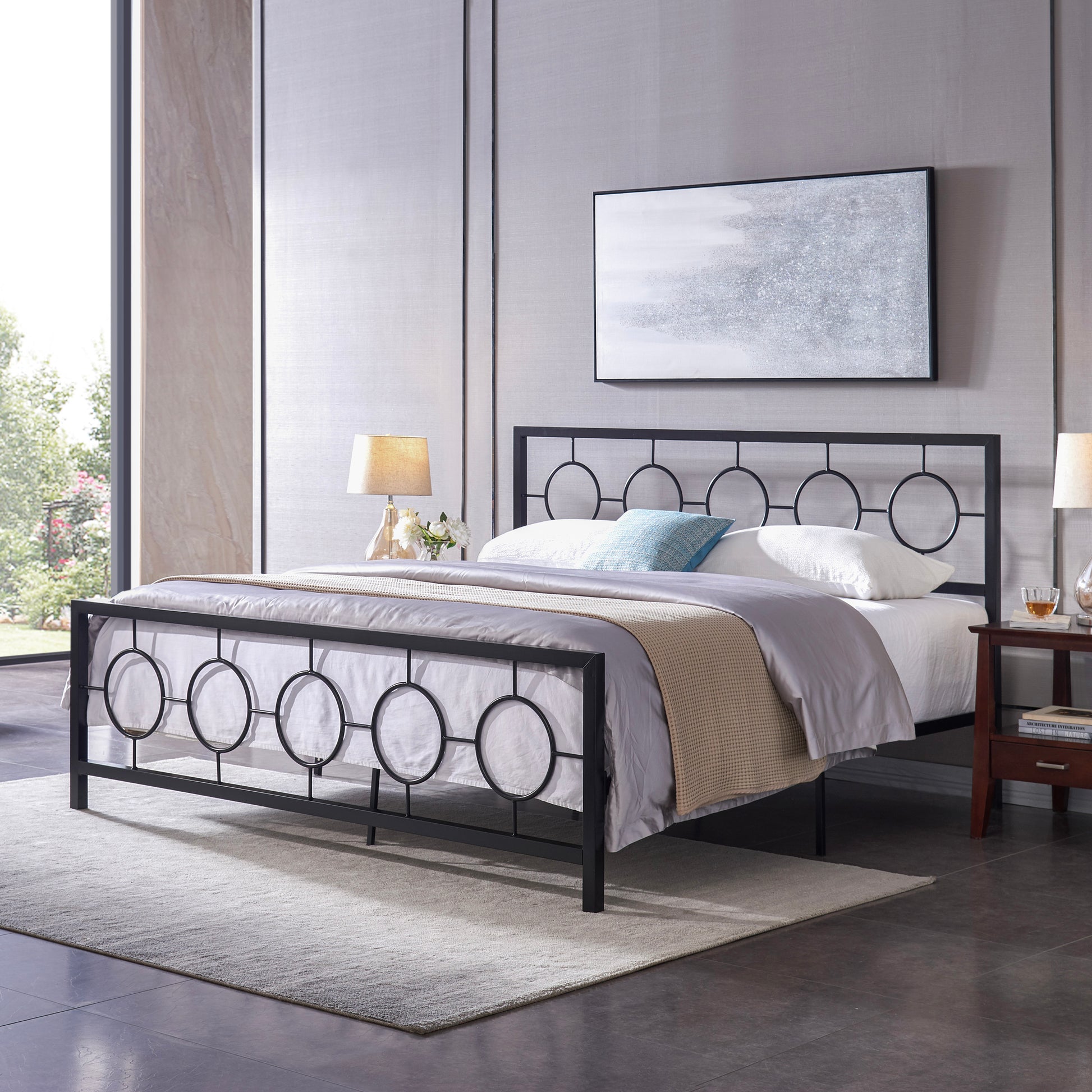 King Size Classical Metal Bed Frame With Circular Design Headboard And Footboard, Under Bed Space, Black King Black Iron