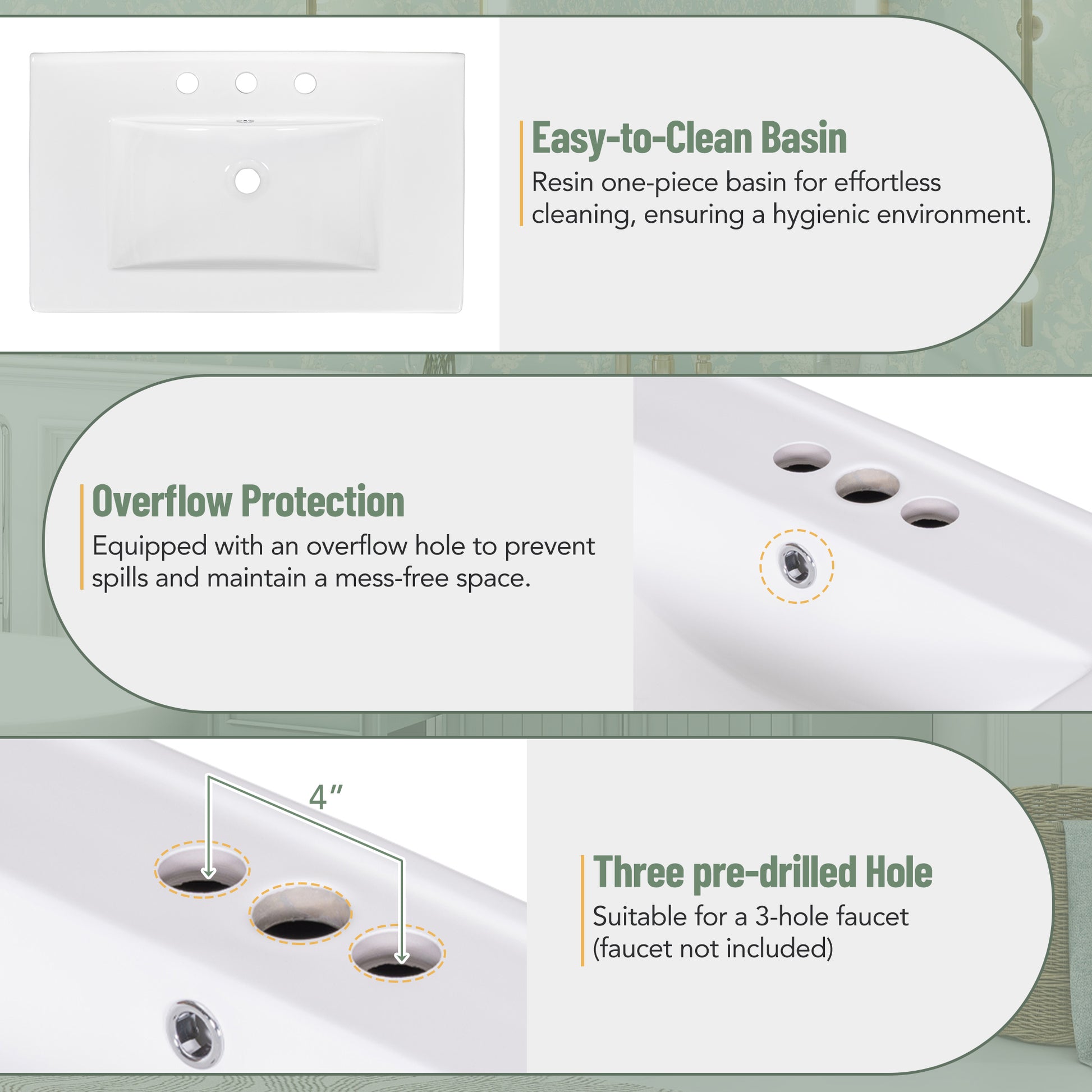 36 Inch Bathroom Vanity, Transitional Style Bathroom Cabinet With Resin Sink, Green Single Bathroom Cabinet, With 2 Drawers And 1 Adjustable Storage Shelf, 2 Soft Close Doors Green Bathroom Solid Wood Mdf Resin