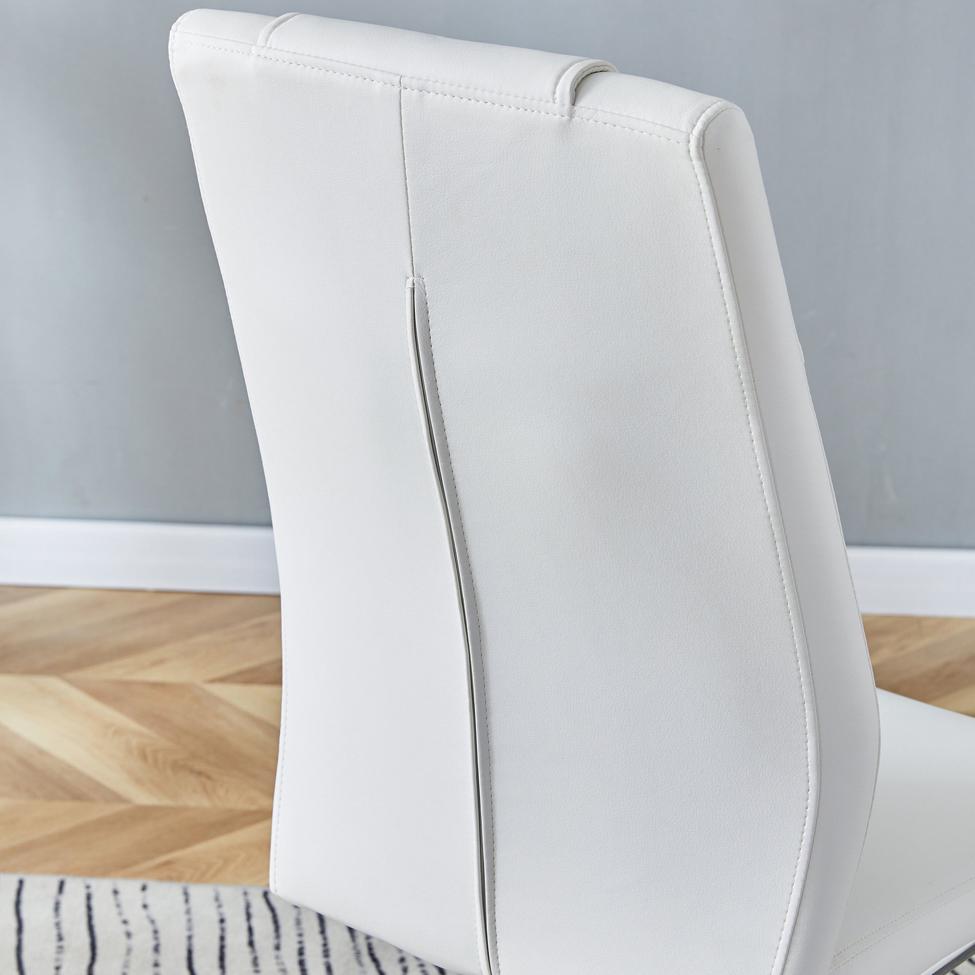 Table And Chair Set, Modern And Minimalist Dining Table. Imitation Marble Glass Sticker Desktop, Stainless Steel Legs, Stable And Beautiful. Comfortable Pu Seats. Dt 69 White Silver Glass