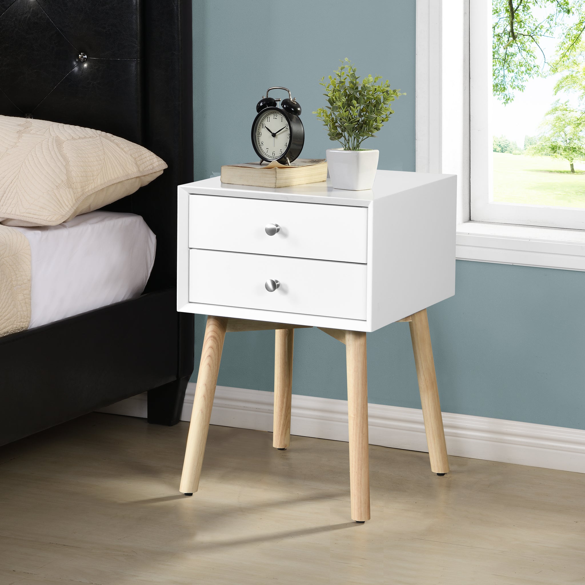Side Table,Bedside Table With 2 Drawers And Rubber Wood Legs, Mid Century Modern Storage Cabinet For Bedroom Living Room, White White Mdf