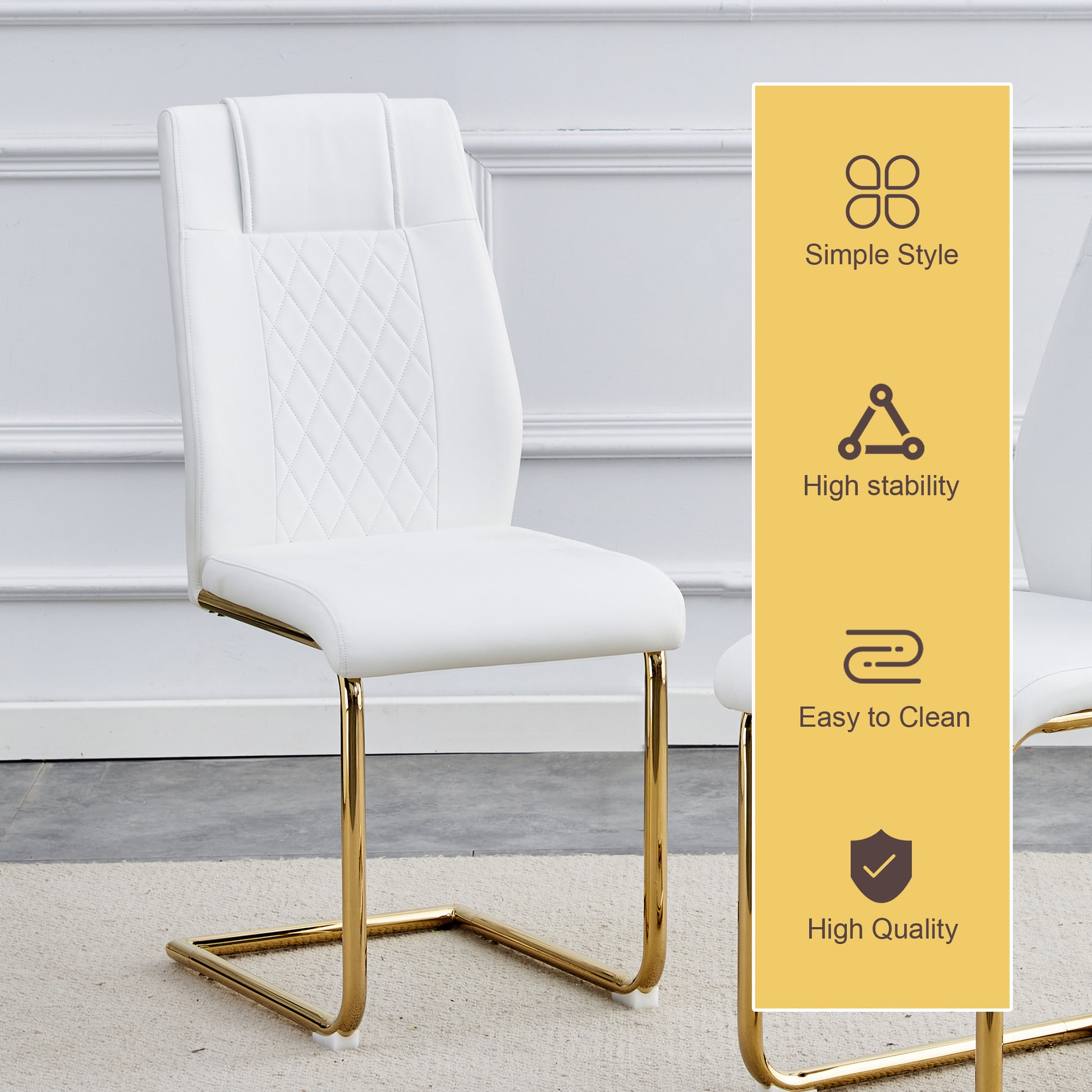 Table And Chair Set.A Modern Minimalist Style Round Clear Tempered Glass Table With Metal Legs.Paried With White Chairs With Modern Pu Leather High Back Upholstered And C Tube Golden Legs. Transparent Seats 6 Glass