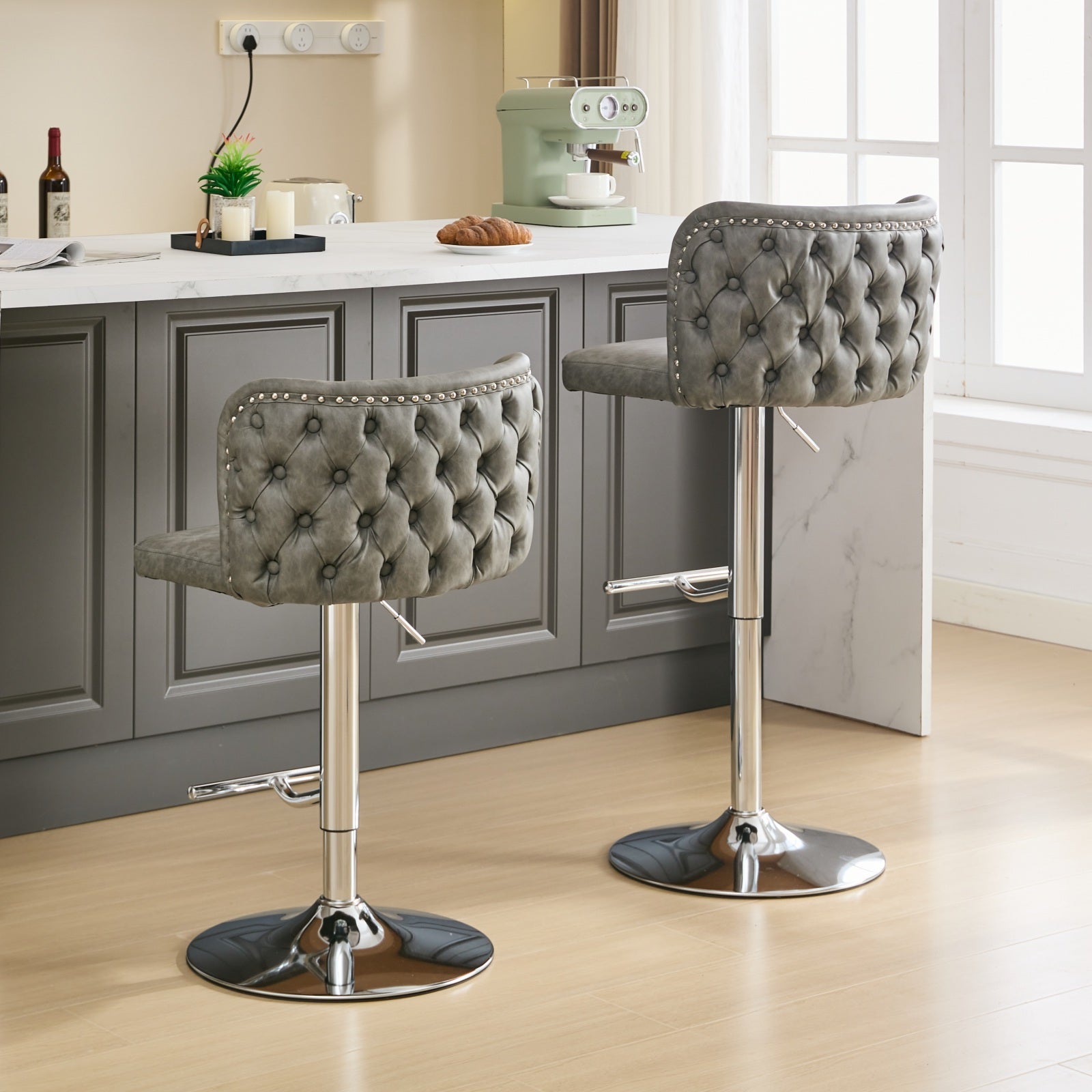 Swivel Barstools Adjusatble Seat Height With Chrome Base, Modern Pu Upholstered Bar Stools With The Whole Back Tufted, For Home Pub And Kitchen Island,Gray, Set Of 2 Gray American Design Bar Stools Set Of 2 Foam Pu Leather