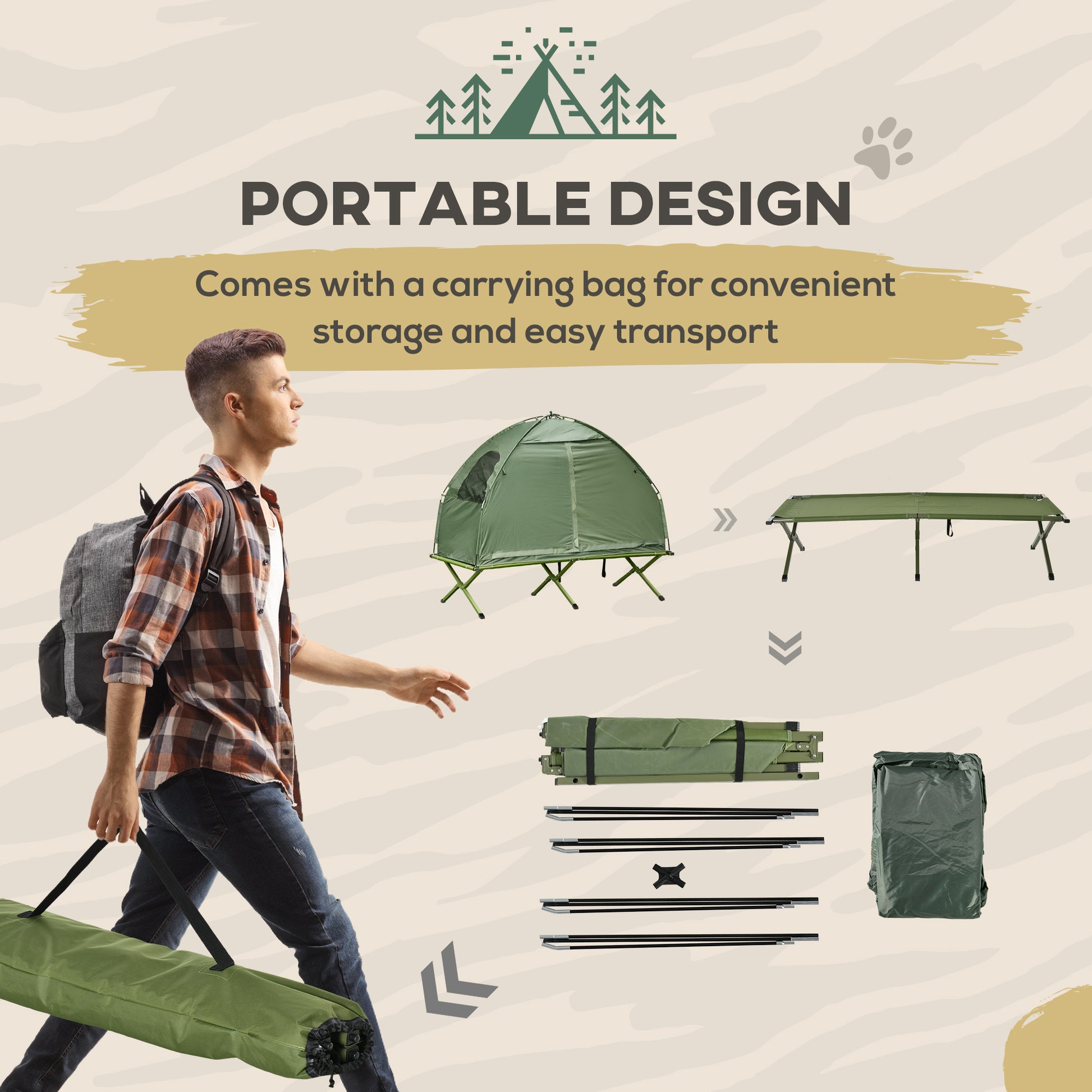 Outsunny Camping Tent Cot, Single Person Folding Cot Combo, Off Ground Tent, Covered Outdoor Bed With Carry Bag For Hiking, Camping Green Polyester