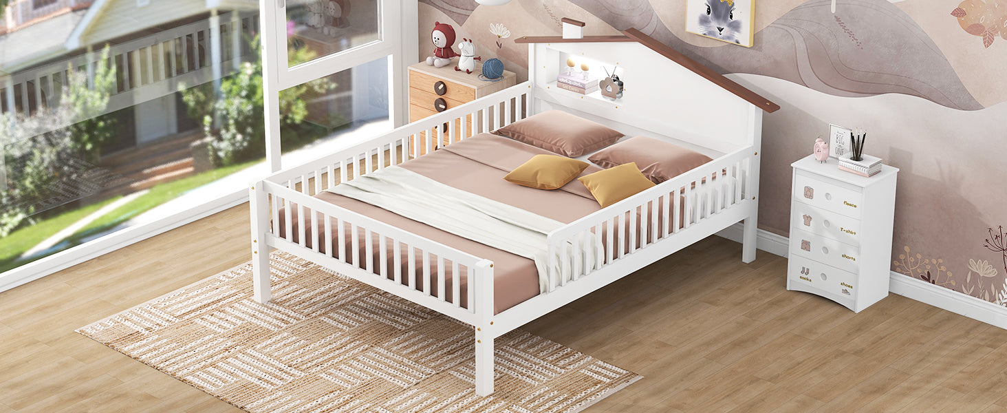 Full Size Wood Platform Bed With House Shaped Headboard, Led And Built In Storage, White Box Spring Not Required Full White Wood Bedroom Bed Frame Wood