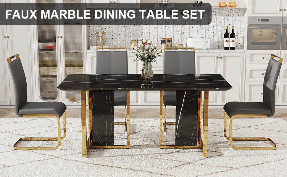 Table And Chair Set. Modern Dining Table With Mdf Top And Beautiful Mdf Legs. Equipped With Comfortable Pu Chairs And Metal Legs. Suitable For A Wide Range Of Decorative Styles. Black,Gray Seats 4 Mdf
