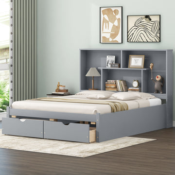 Queen Size Platform Bed With Storage Headboard And 2 Drawers, Gray Box Spring Not Required Queen Gray Wood Bedroom Bed Frame Solid Wood Mdf