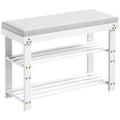 Bamboo Shoe Bench, 3 Tier Shoe Rack, Entryway Bench With Cushion And Adjustable Shelves, Shoe Rack For Entryway, Hallway, Mudroom And Living Room, White White Bamboo