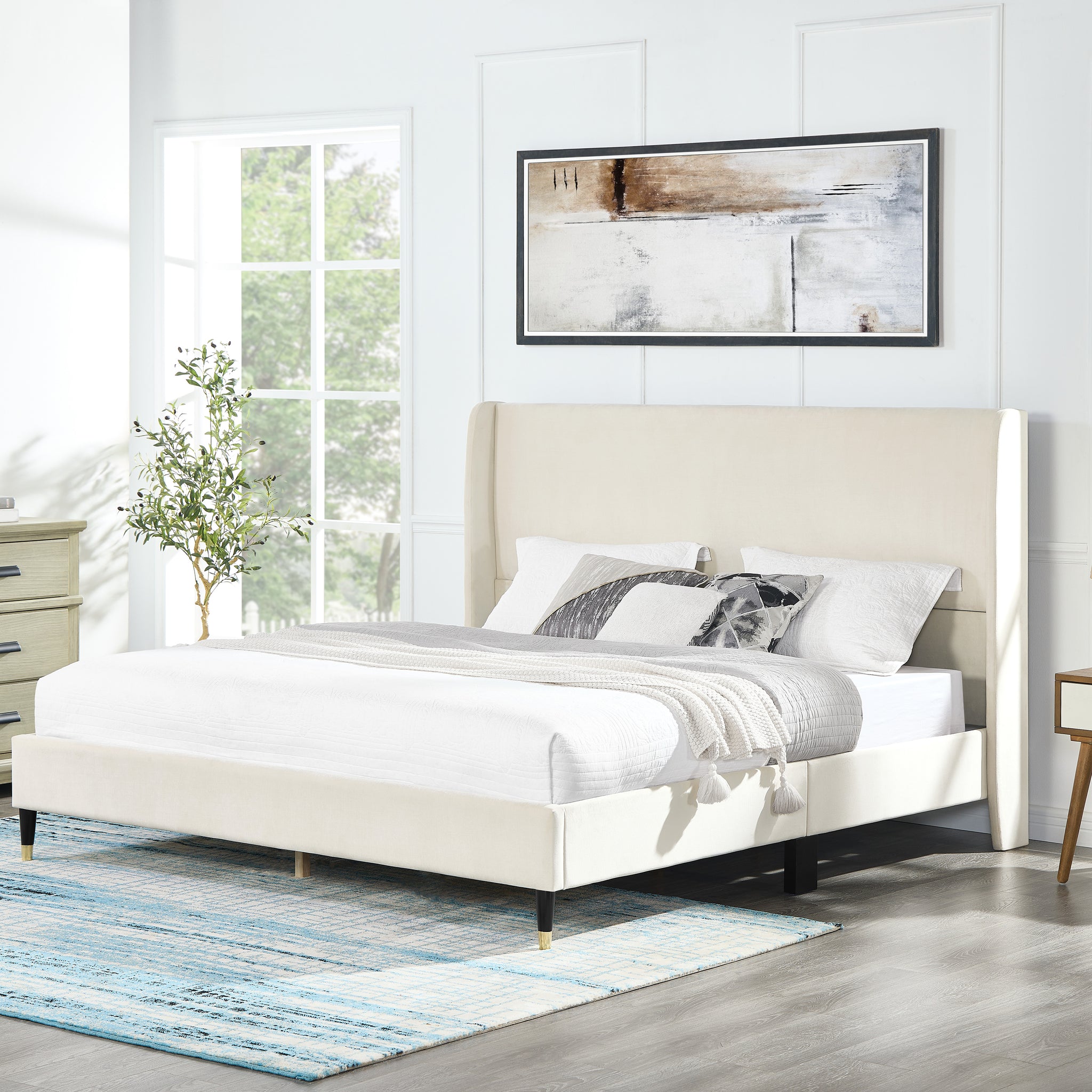 Rozitta Beige Velvet Wingback Platform Bed, Queen Box Spring Not Required Queen Beige Wood Bedroom Contemporary Wingback Mdf Velvet Particle Board Mdf