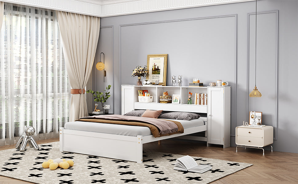 Full Size Platform Bed With Storage Headboard And Lockers, White Full Box Spring Not Required White Wood Bedroom Solid Wood Mdf