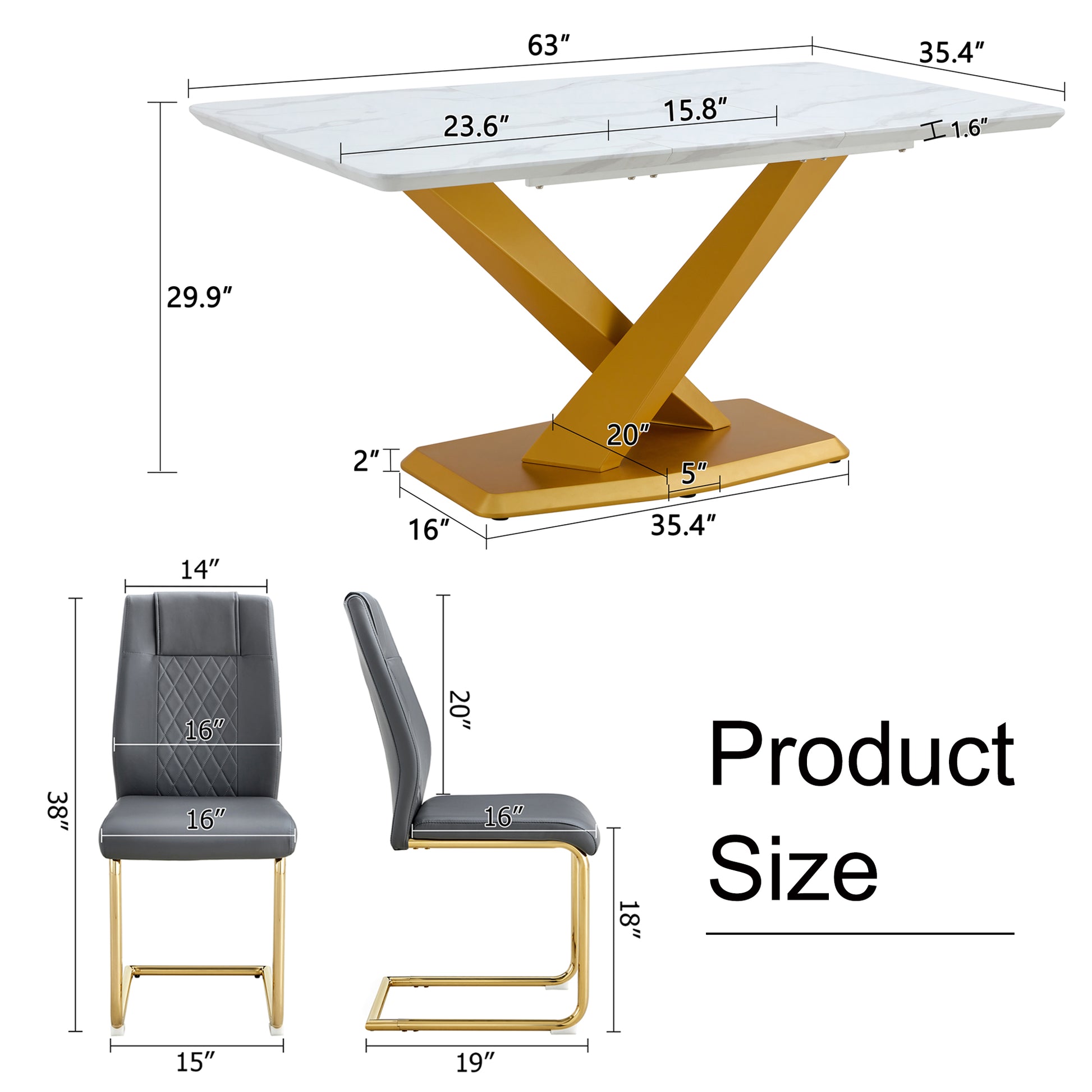 Table And Chair Set, The Table Is Equipped With A Marble Patterned Mdf Tabletop And Gold Table Legs.Dining Chairs,Gold Legged Upholstered Chairs Made Of Artificial Leather. Grey Gold Seats 4 Mdf