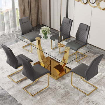Table And Chair Set.Modern Rectangular Dining Table With Transparent Tempered Glass Tabletop And Gold Plated Metal Legs.Paried With 6 Comfortable Chairs With Pu Seats And Golden Metal Legs. Grey Gold,Transparent Seats 6 Glass Metal